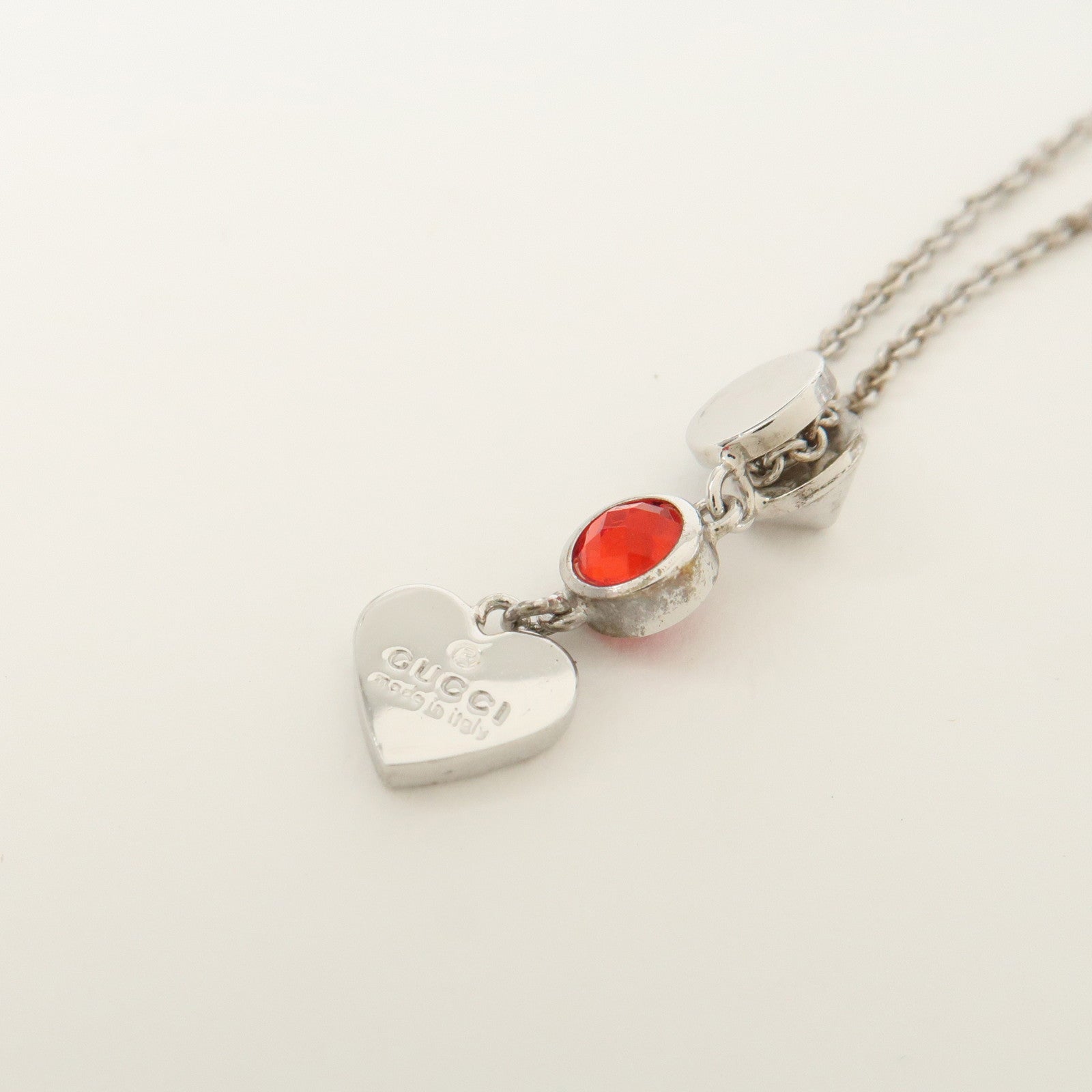 GUCCI SV925 Rhinestone Necklace Heart Silver Red 325871