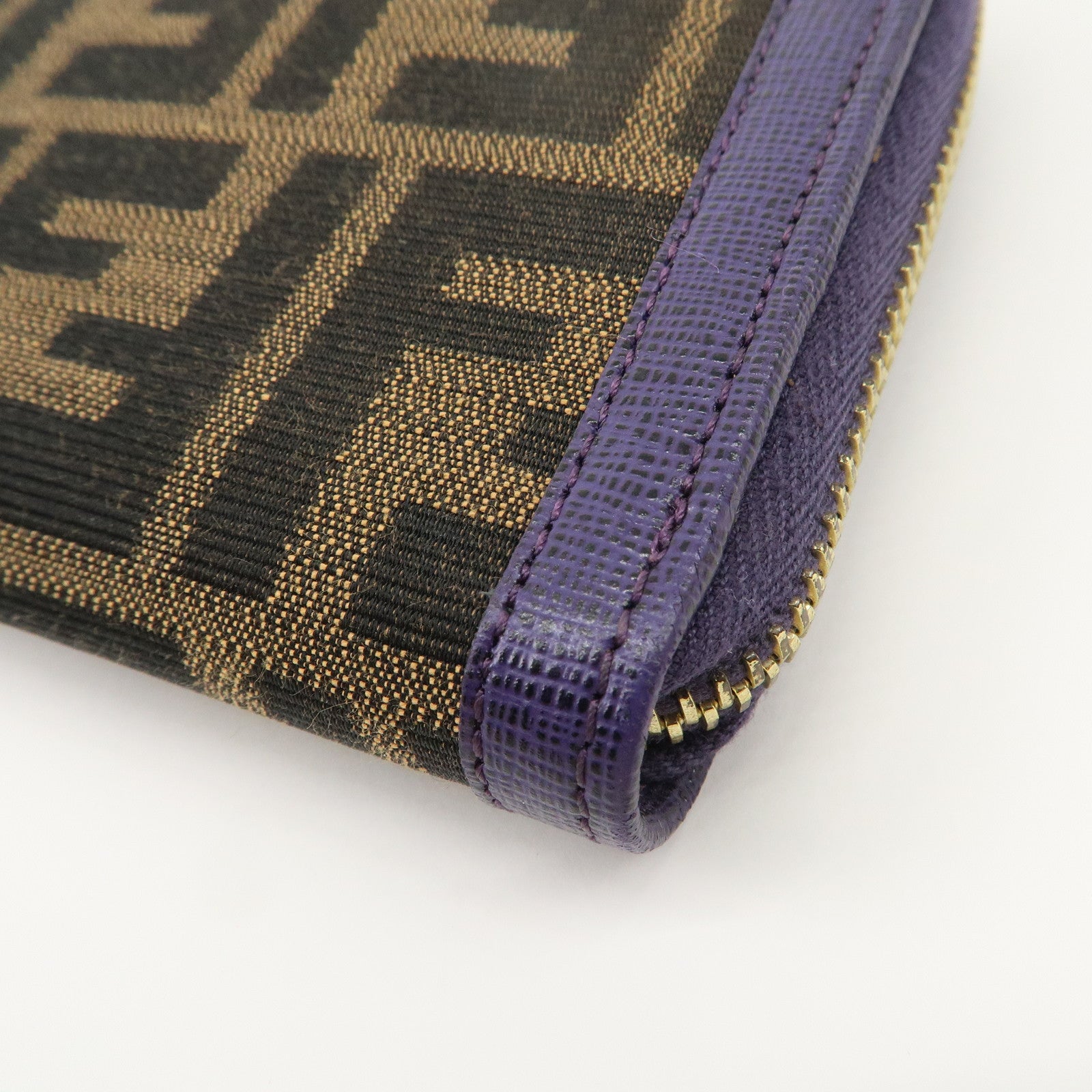 FENDI Zucchino Canvas Leather Round Zippy Long Wallet Brown Purple 8M0024 Used