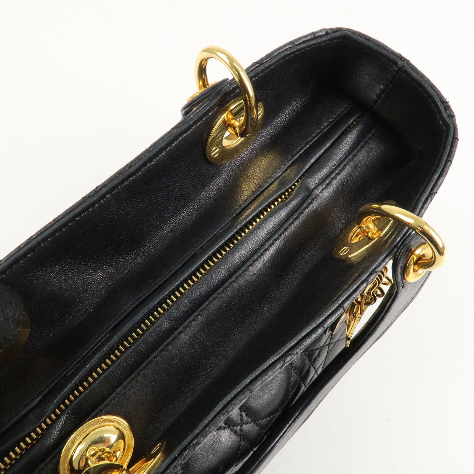 Christian Dior Lady Dior Canage Leather Hand Bag Black Used