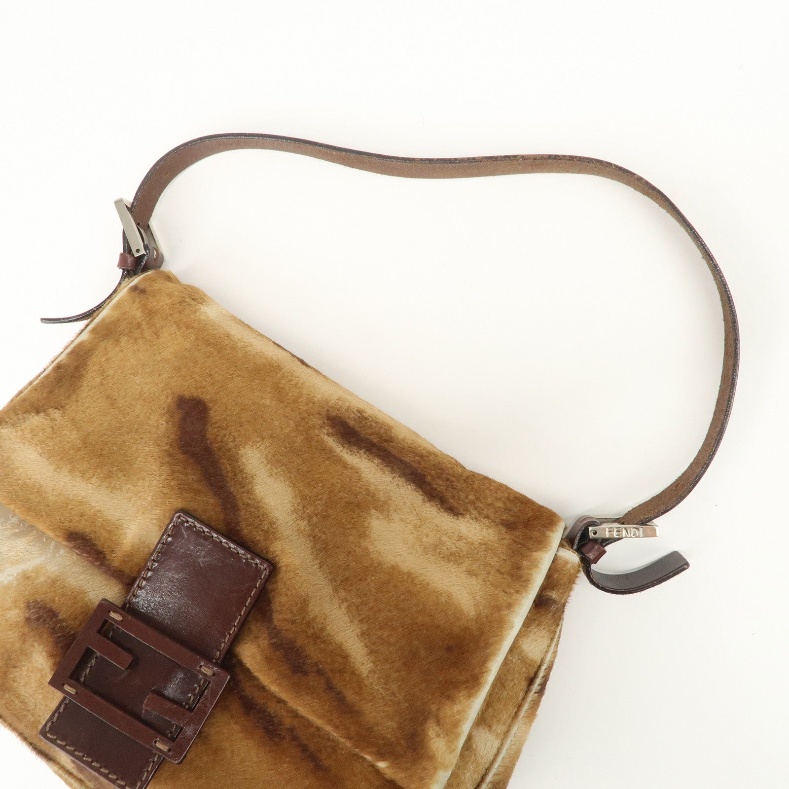 FENDI Mamma Baguette Unborn Carf Leather Shoulder Bag Brown 26323 Used