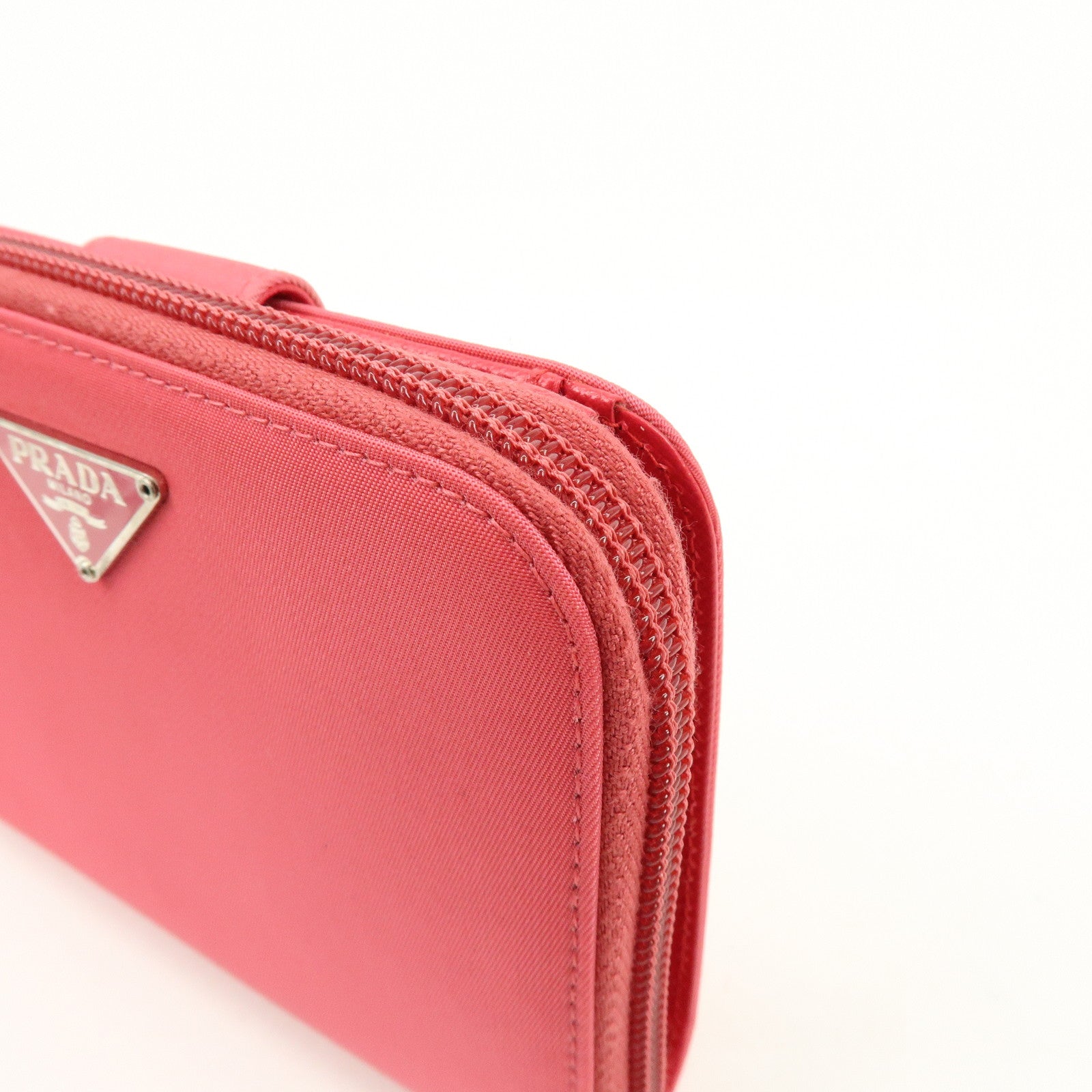 PRADA Triangle Logo Nylon Leather Round Zippy Compact Wallet Pink