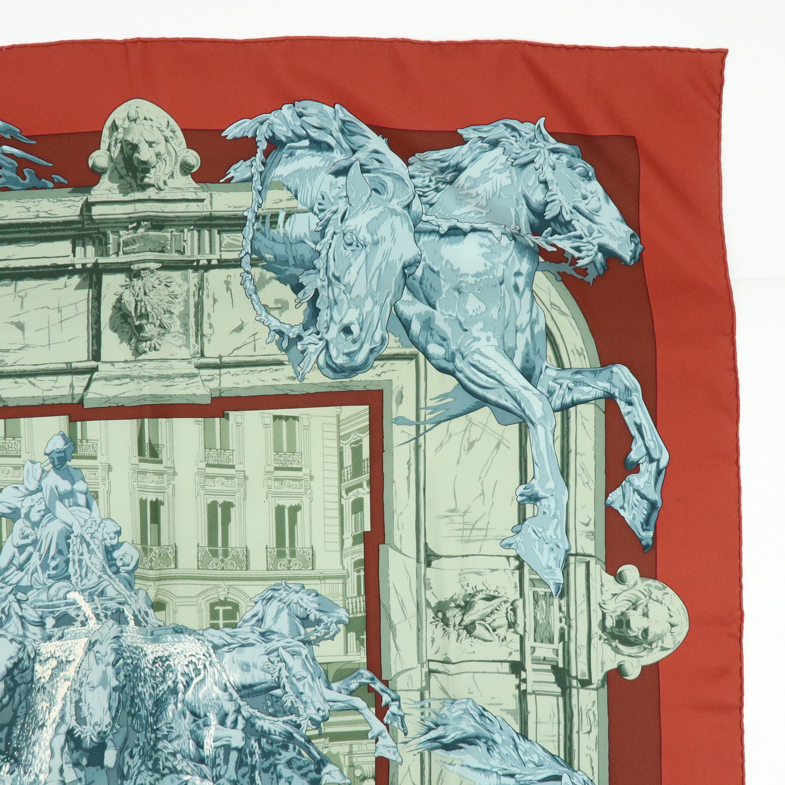 HERMES Carre 90 Silk 100% Scarf LA FONTAINE DE BARTHOLDI Gray Red