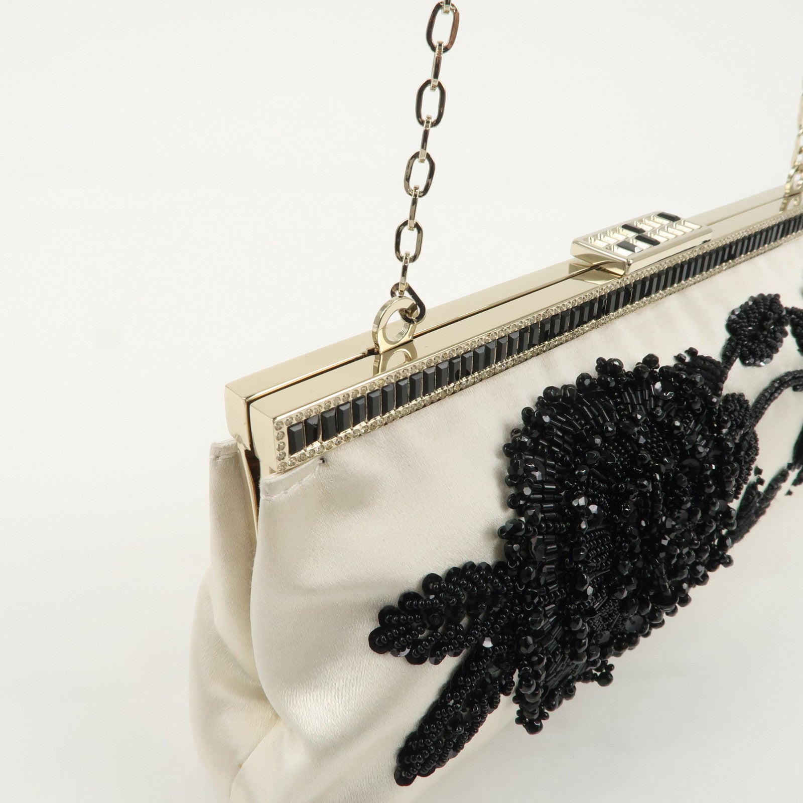 VALENTINO Silk Beads Chain Shoulder Bag Hand Bag White Black Used
