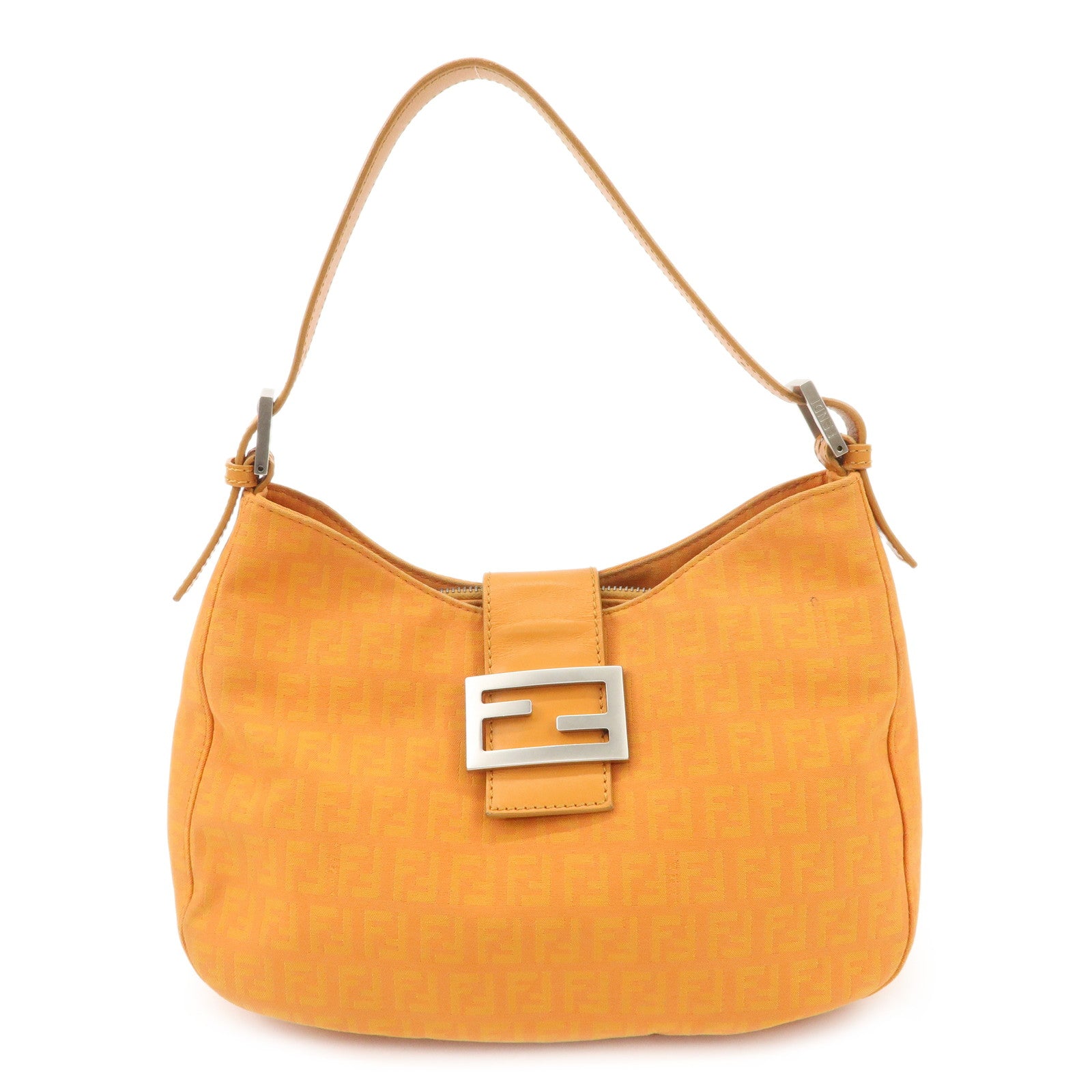 FENDI Zucchino Canvas Leather Shoulder Bag Hand Bag Orange 8BR036 Used