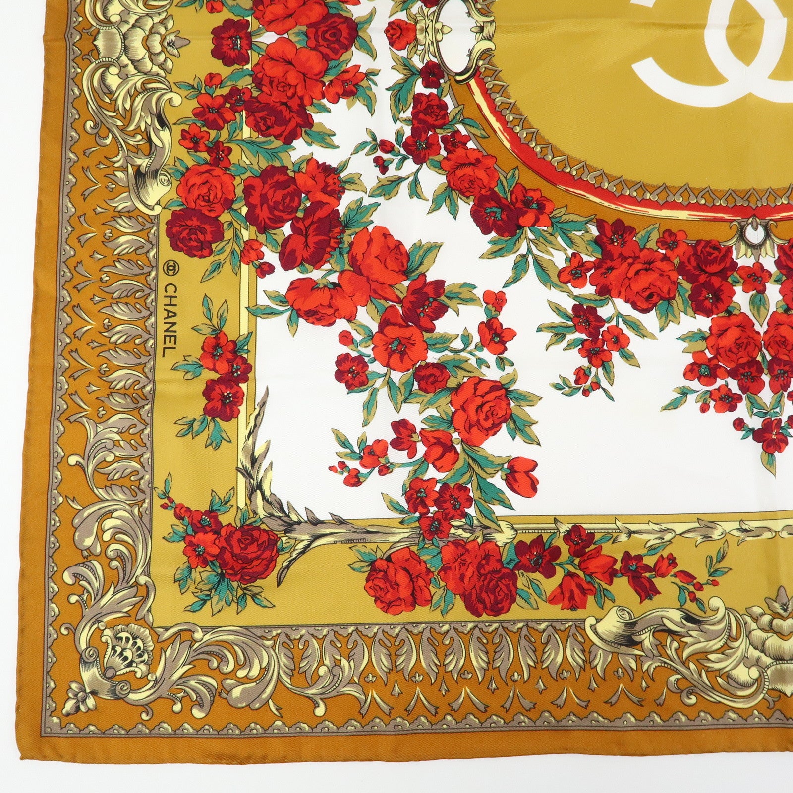 CHANEL Silk 100% Scarf COCO Mark Flower Motif Gold Red