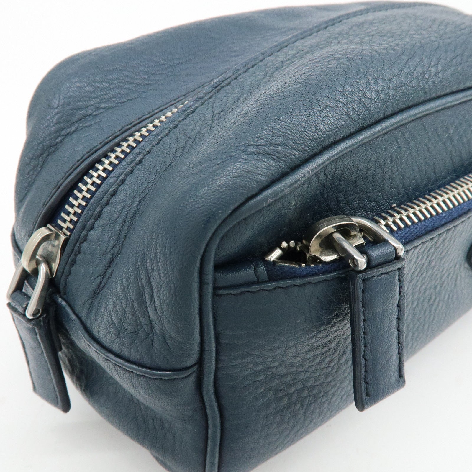 PRADA Triangle Logo Leather Cosmetic Pouch Accessory Pouch Navy