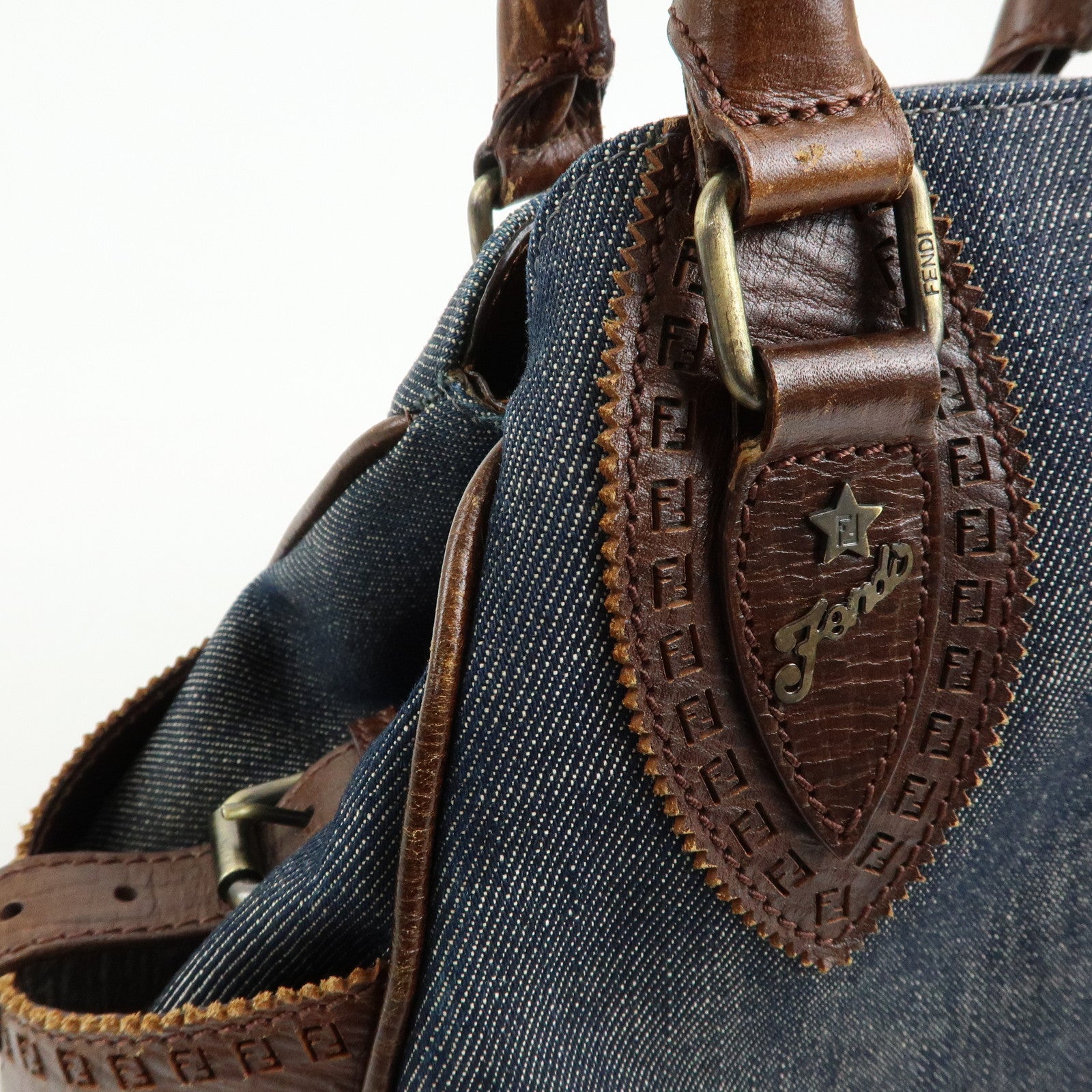 FENDI Etnico Denim Leather Tote Bag Shoulder Bag Blue Brown 8BN157