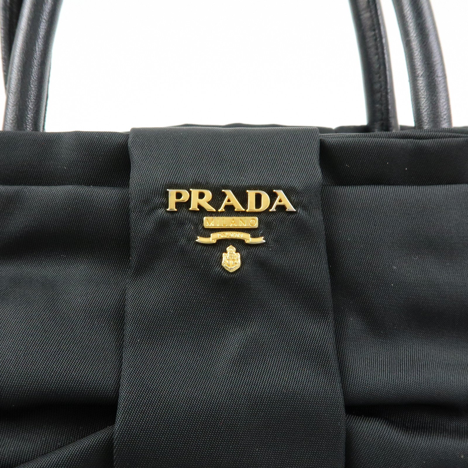PRADA Nylon Leather Ribbon Hand Bag Tote Bag Black BN1601