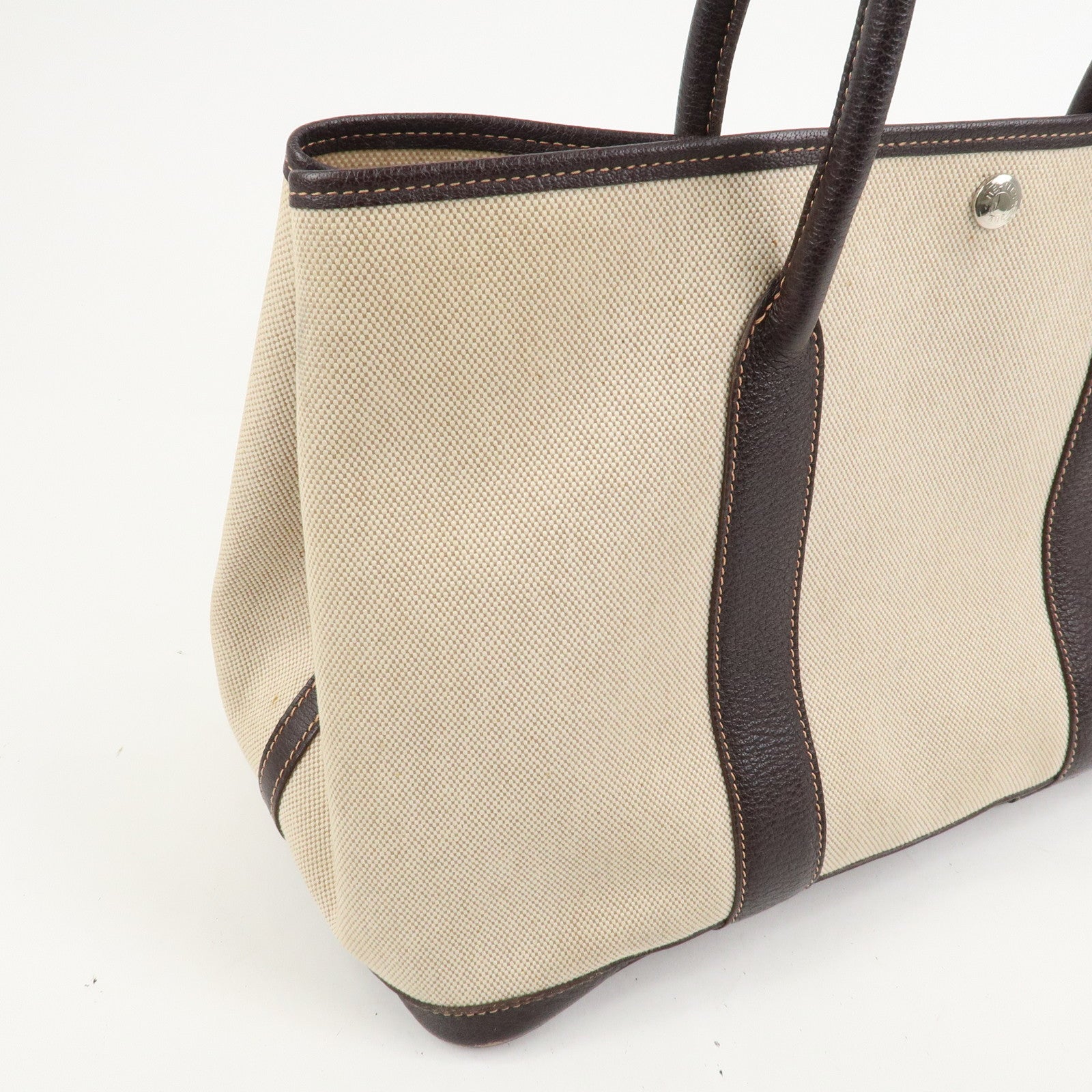 HERMES Leather Toile H Garden Party PM Tote Bag Hand Bag Natural