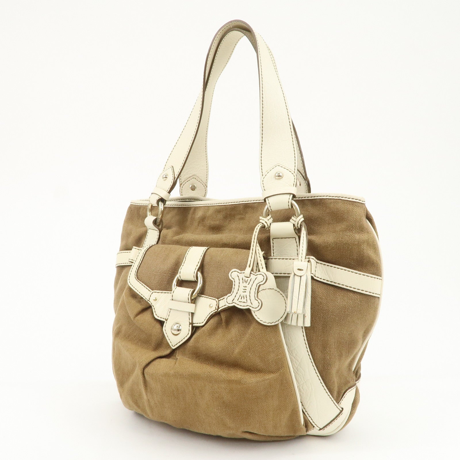 CELINE Logo Canvas Leather Tote Bag Shoulder Bag Brown Ivory