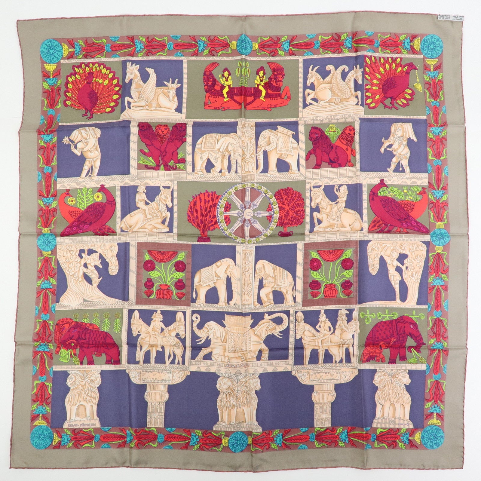 HERMES Carre 90 Silk 100% Scarf TORANA Red Purple Green