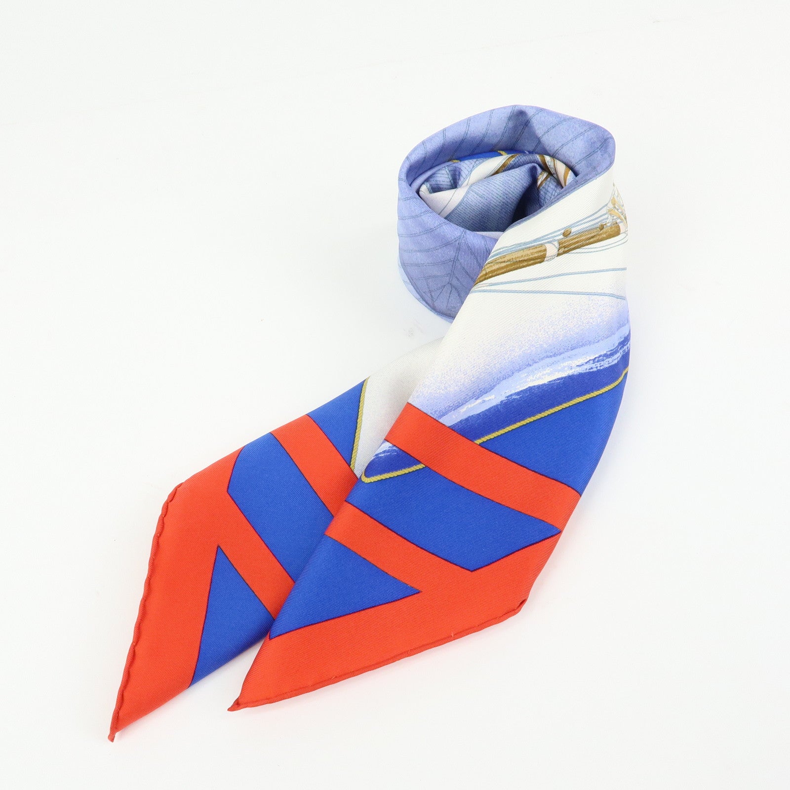 HERMES Carre 90 Silk 100% Scarf RAFALES Ship Print Blue Red
