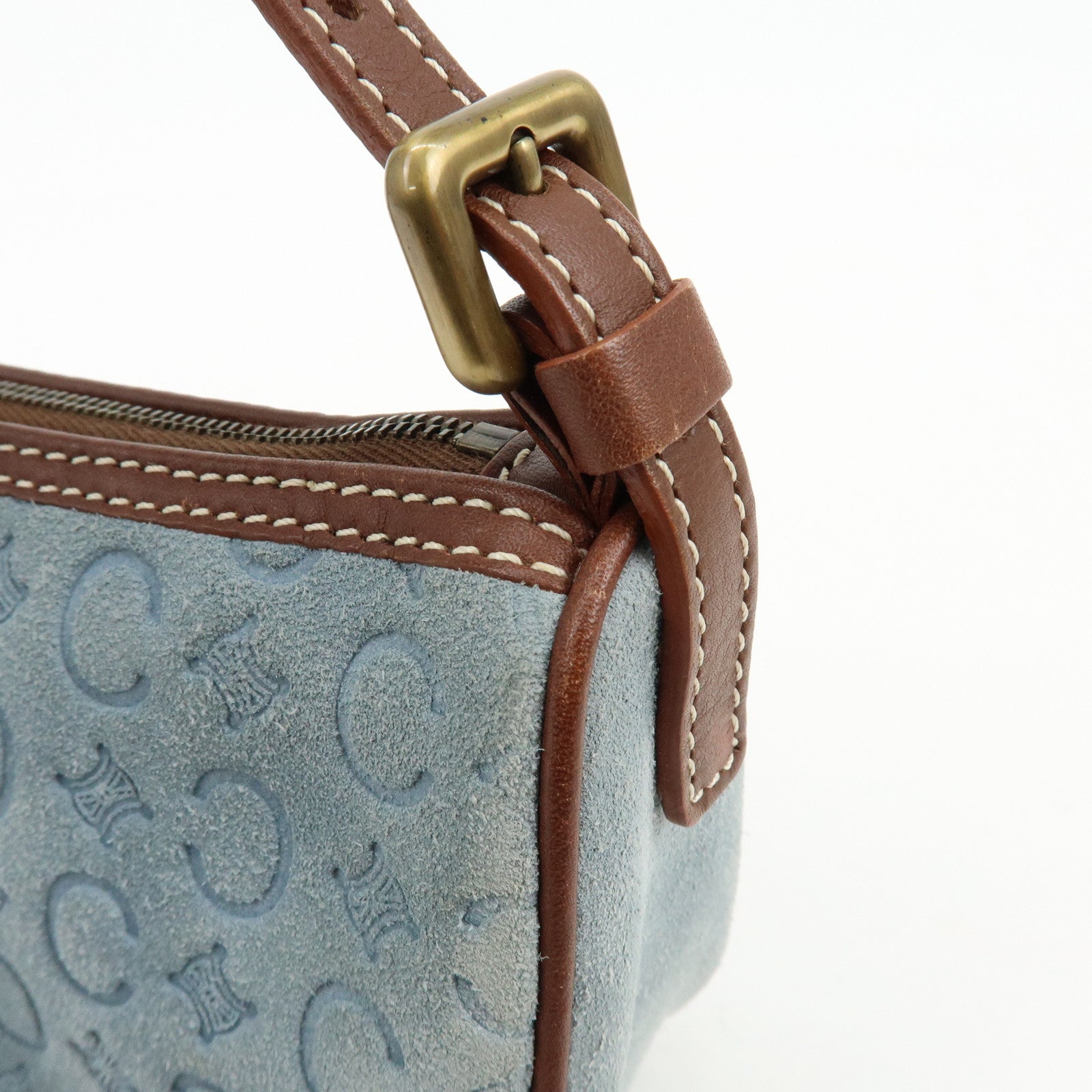 CELINE C Macadam Suede Leather Shoulder Bag Hand Bag Light Blue