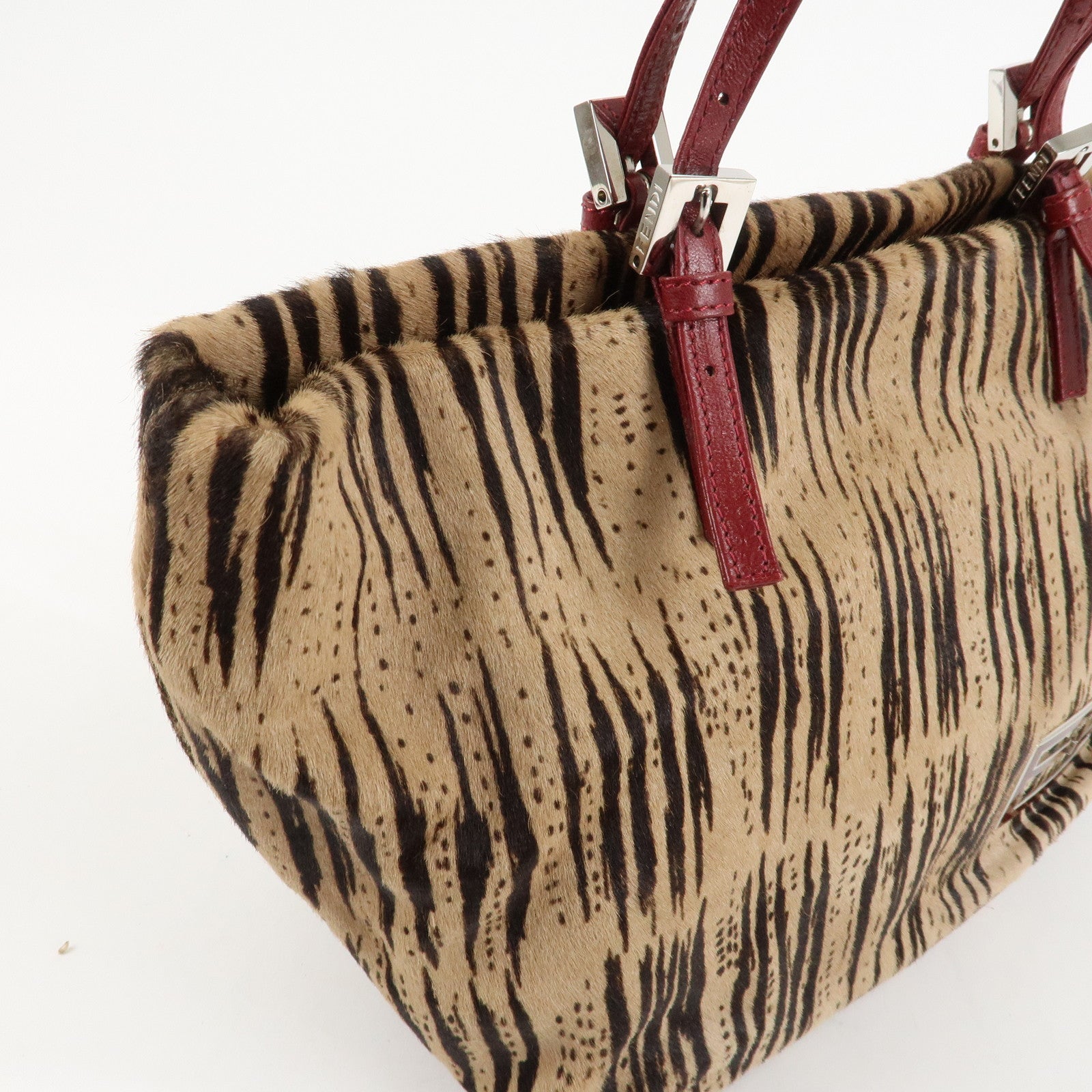 FENDI Leather Unborn Calf Tote Bag Hand Bag Zebra Brown Red Used
