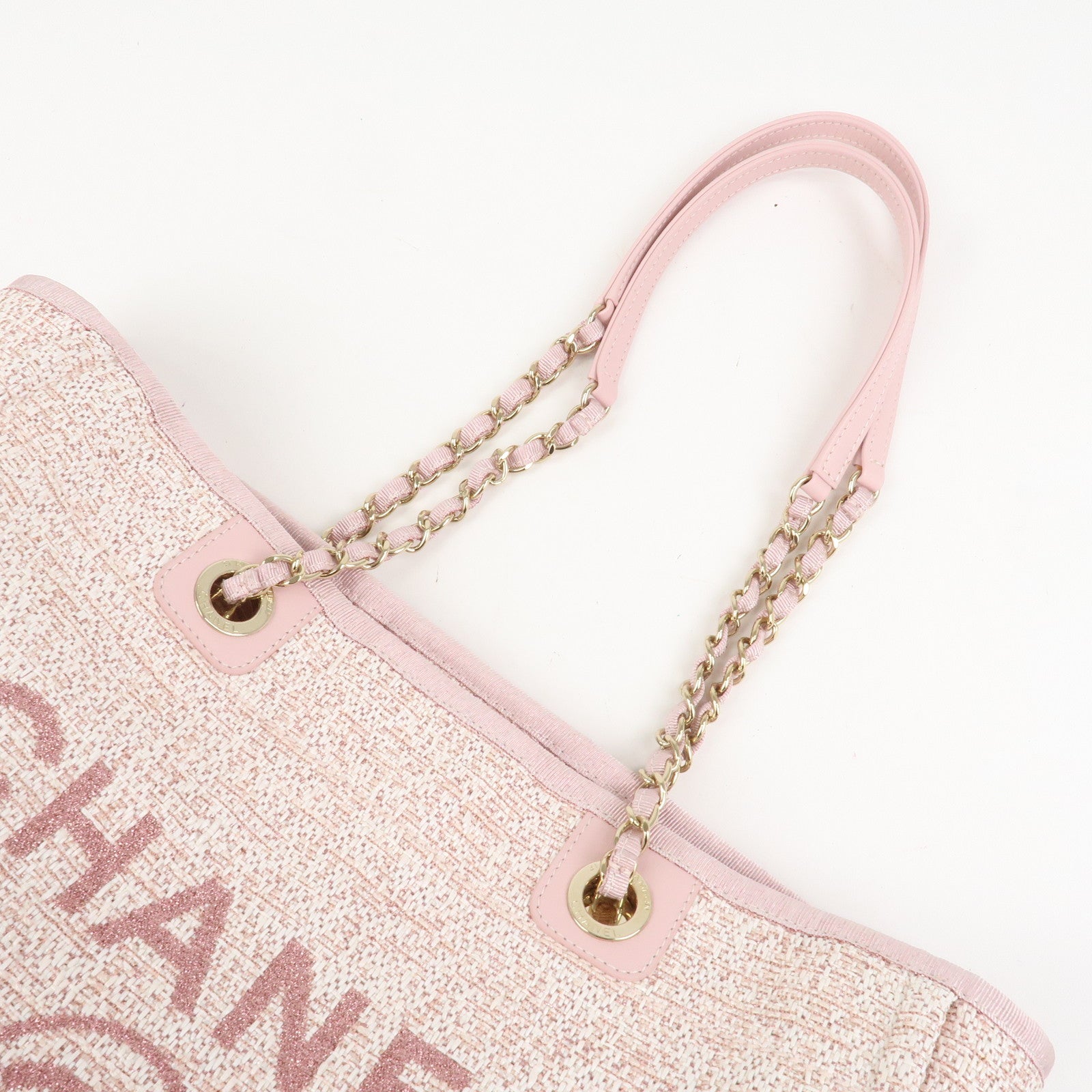 CHANEL Tweed Leather Deauville MM Shoulder Bag Tote Bag Pink