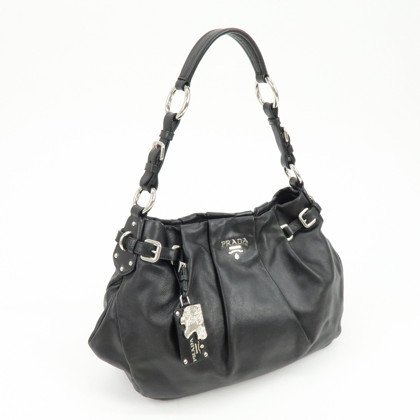 PRADA Logo Soft Calf Leather Side Belted Shoulder Bag Black BR3975