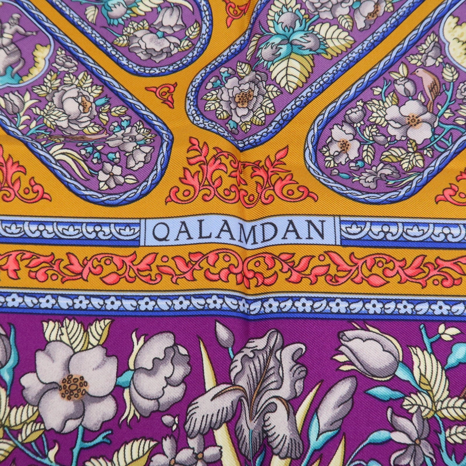 HERMES Carre 90 Silk 100% Scarf QALAMDAN Purple Orange