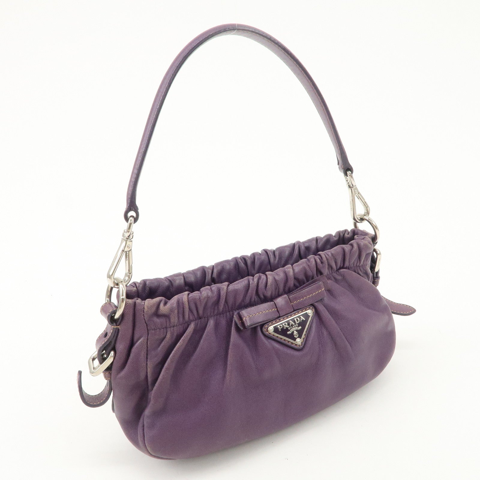 PRADA Ribbon Leather Shoulder Bag Hand Bag Purple Used