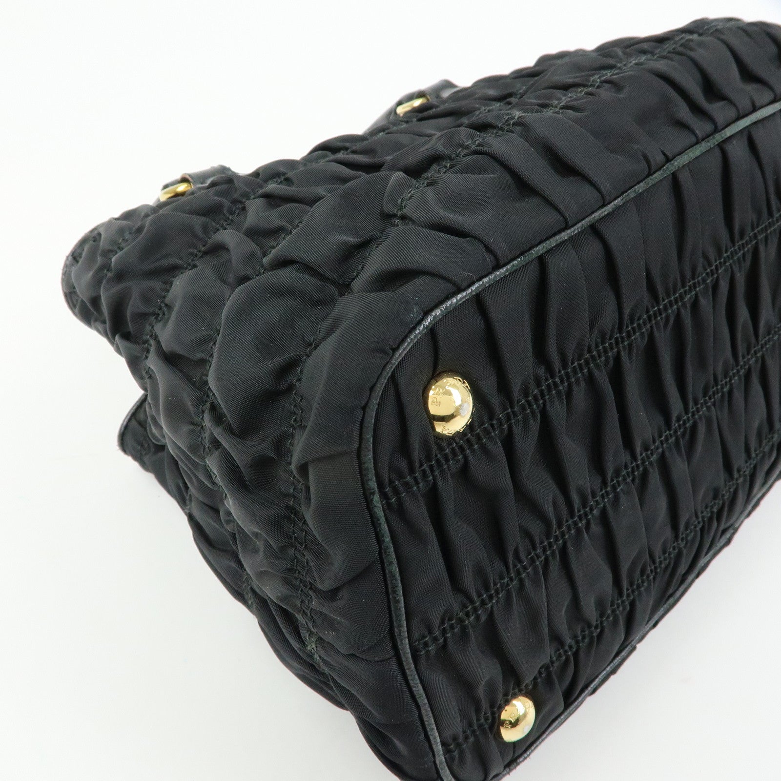 PRADA Nylon Leather Gathered Tote Bag Hand Bag Black
