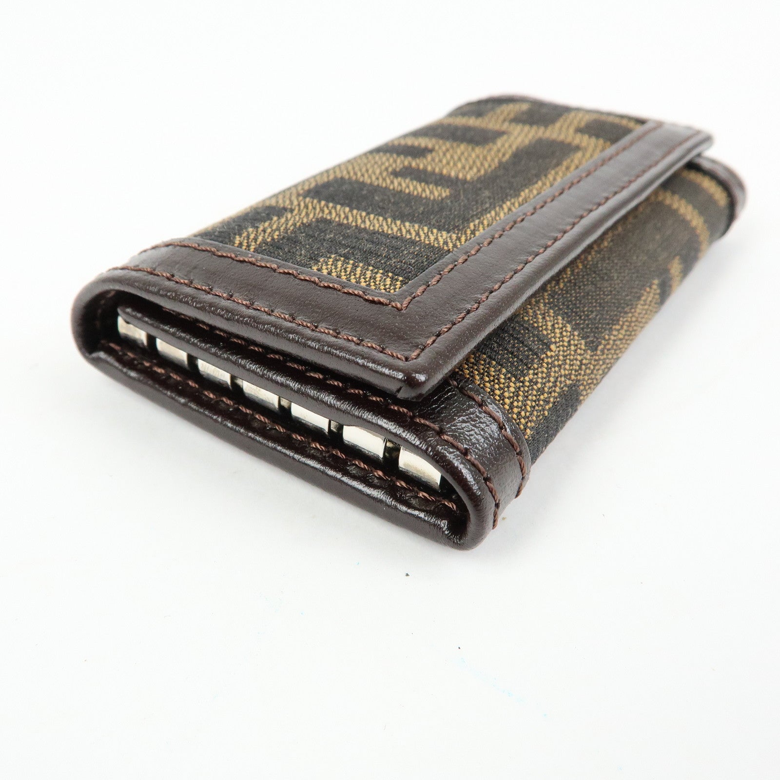 FENDI Zucca Canvas Leather 6 Rings Key Case Brown Black 513516