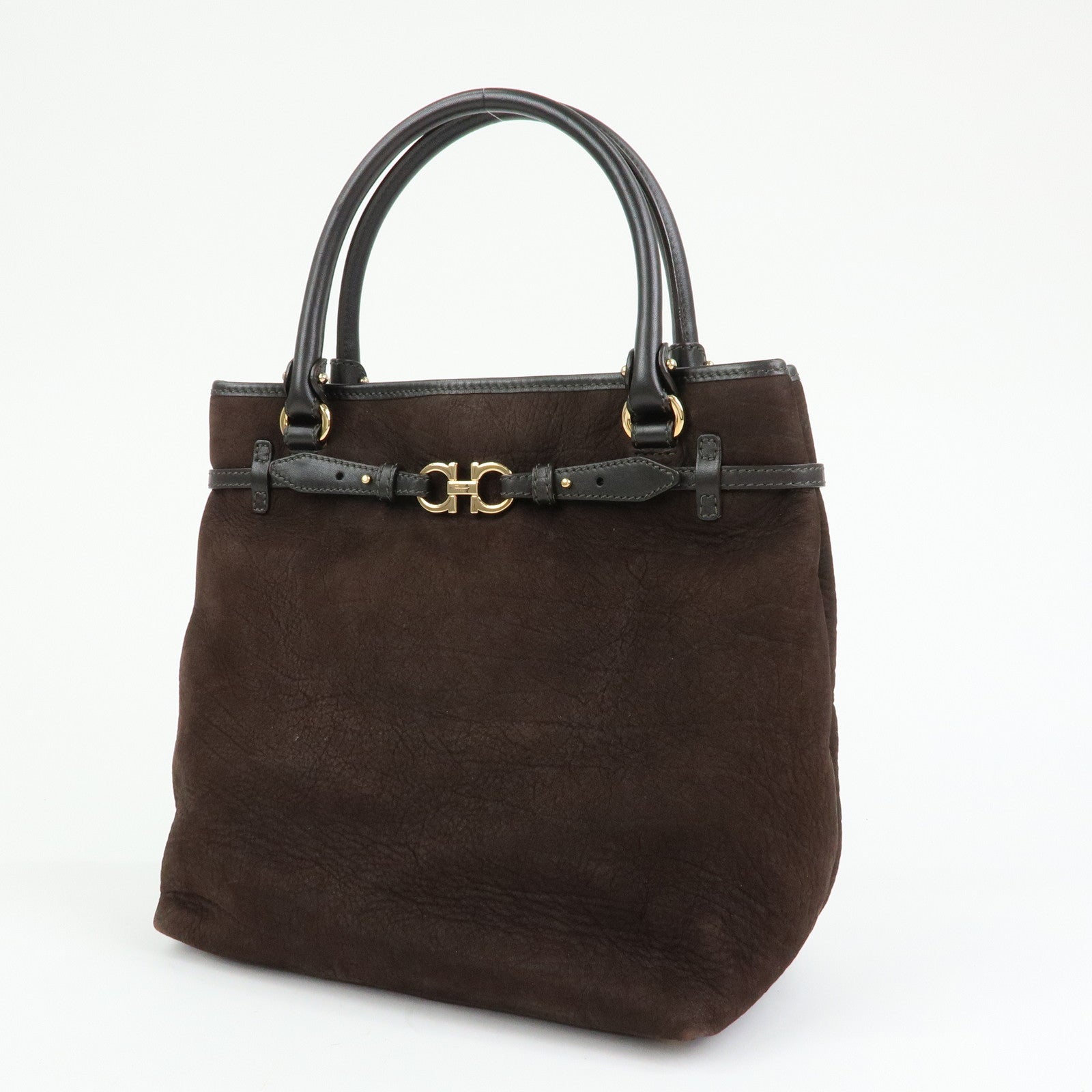 Ferragamo Gancini Suede Leather Tote Bag Hand Bag Brown