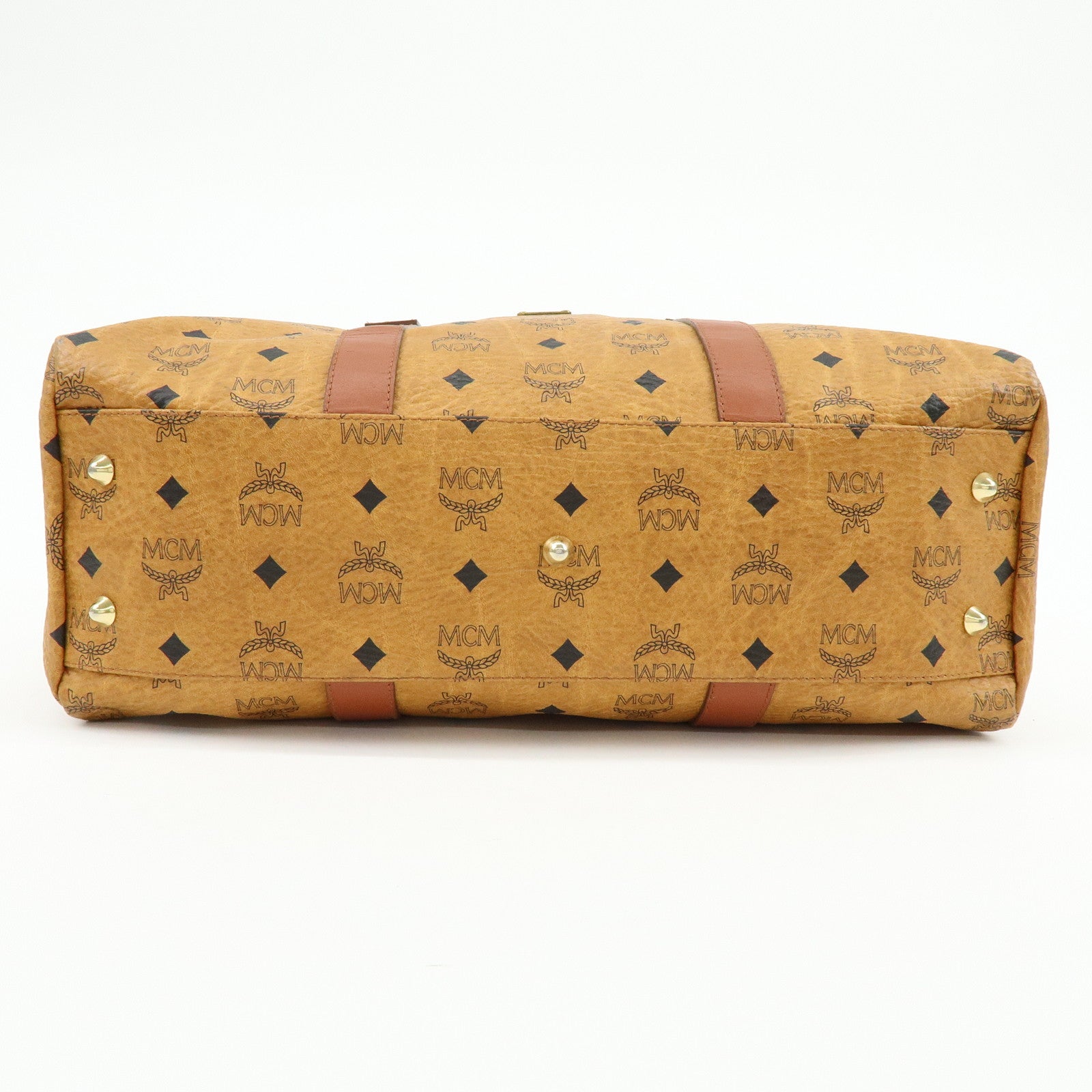 MCM Visetos PVC Leather Tote Bag Boston Bag Hand Bag Cognac Brown