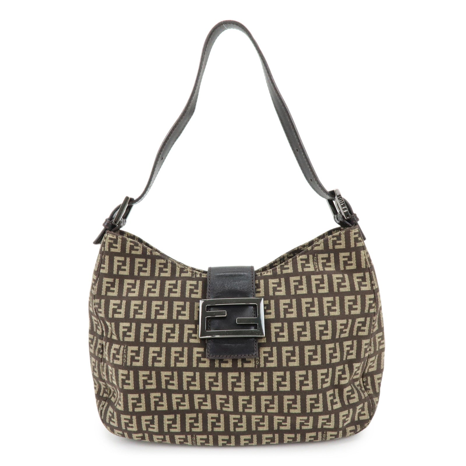 FENDI Zucchino Canvas Leather Shoulder Bag Brown 8BR036