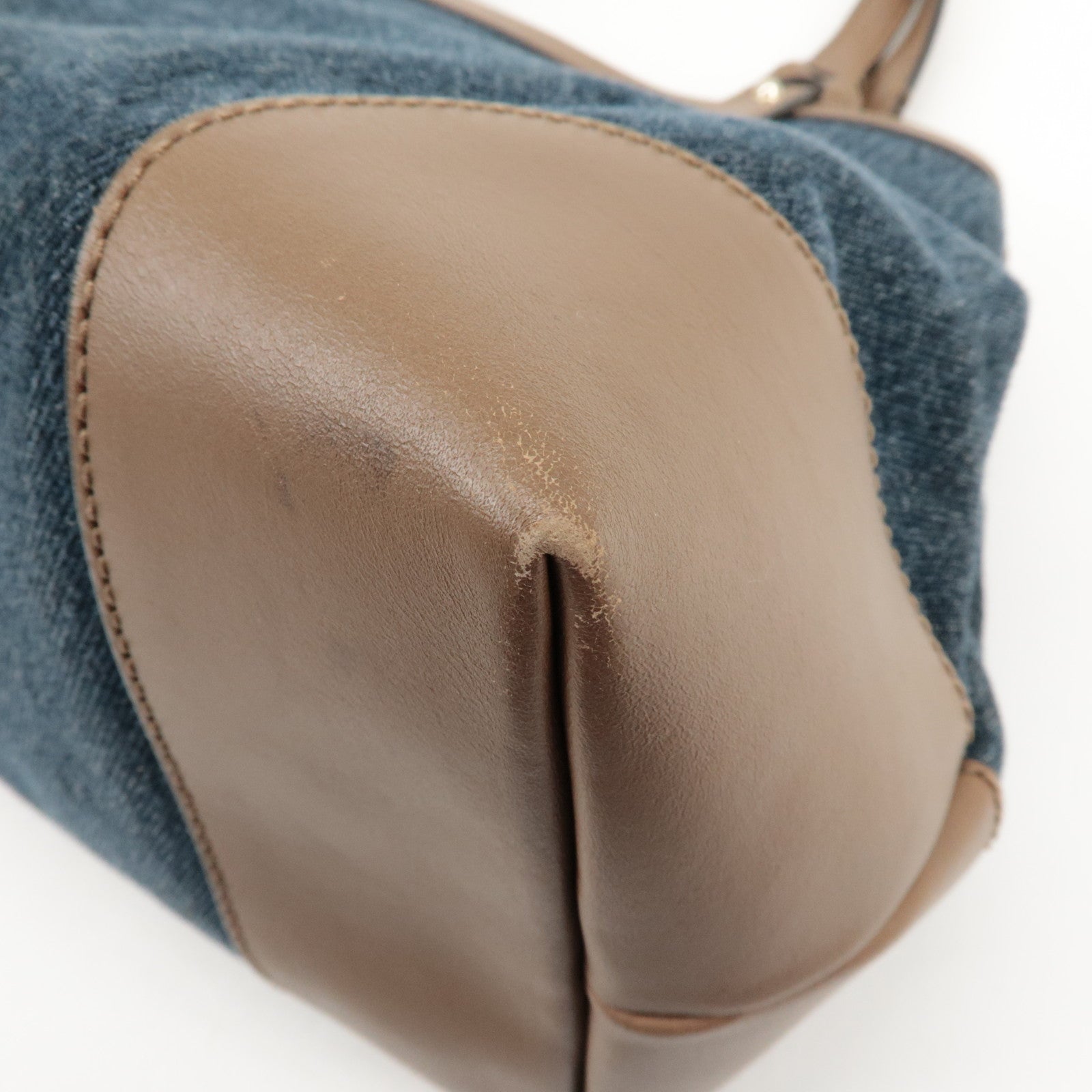 GUCCI Craft Denim Leather Tote Bag Hand Bag Navy Brown 348715 Used