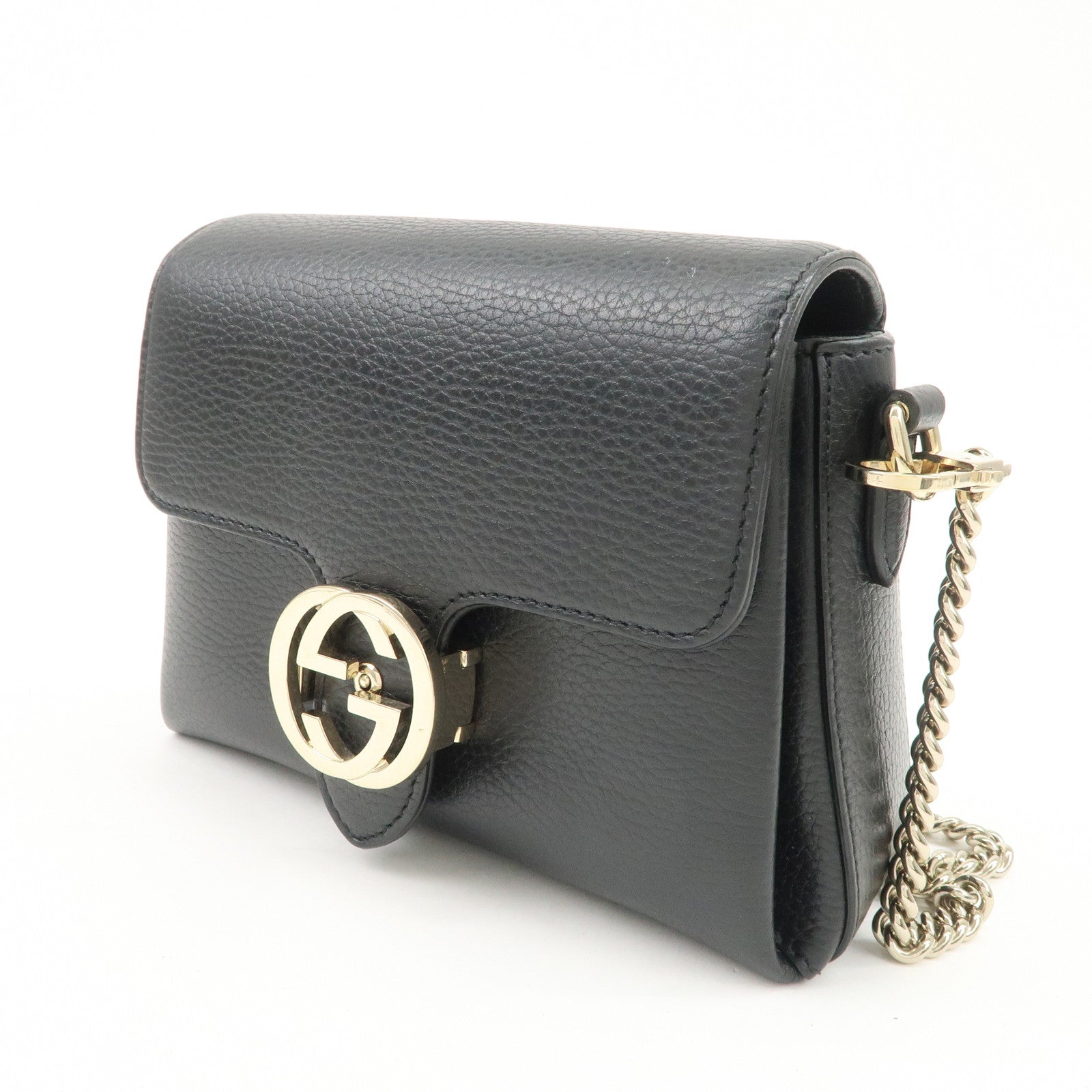 GUCCI Interlocking G Leather Chain Shoulder Bag Black 607720 Used