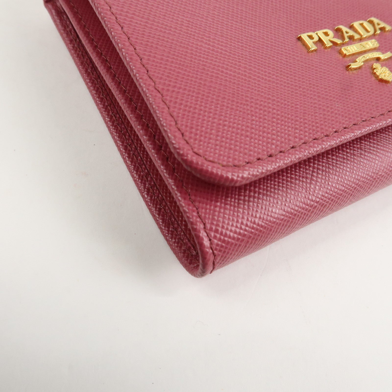PRADA Logo Saffiano Leather Tri-fold Compact Wallet Pink 1M0176 Used