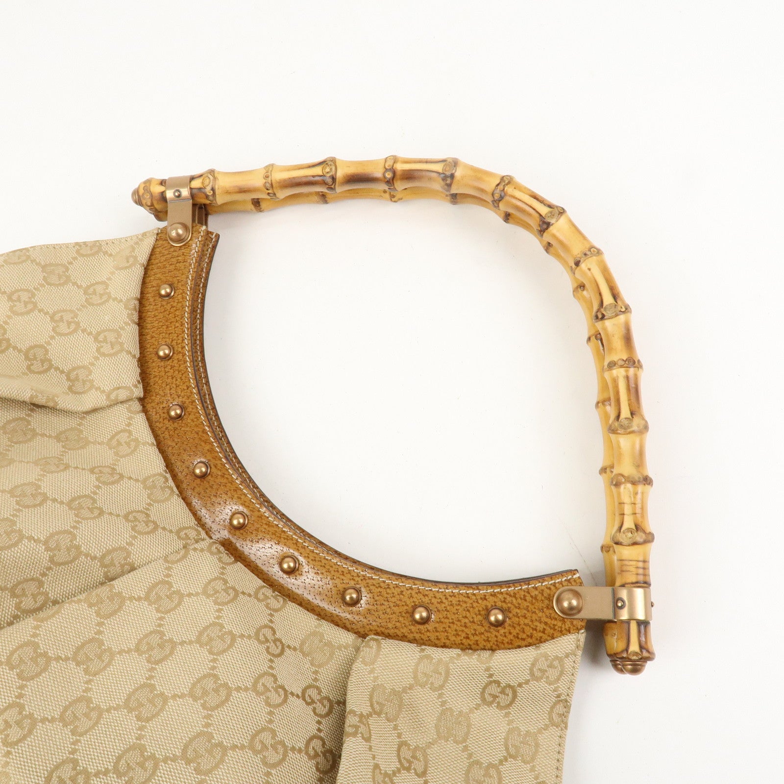GUCCI Bamboo GG Canvas Leather Shoulder Bag Hand Bag Beige 124293