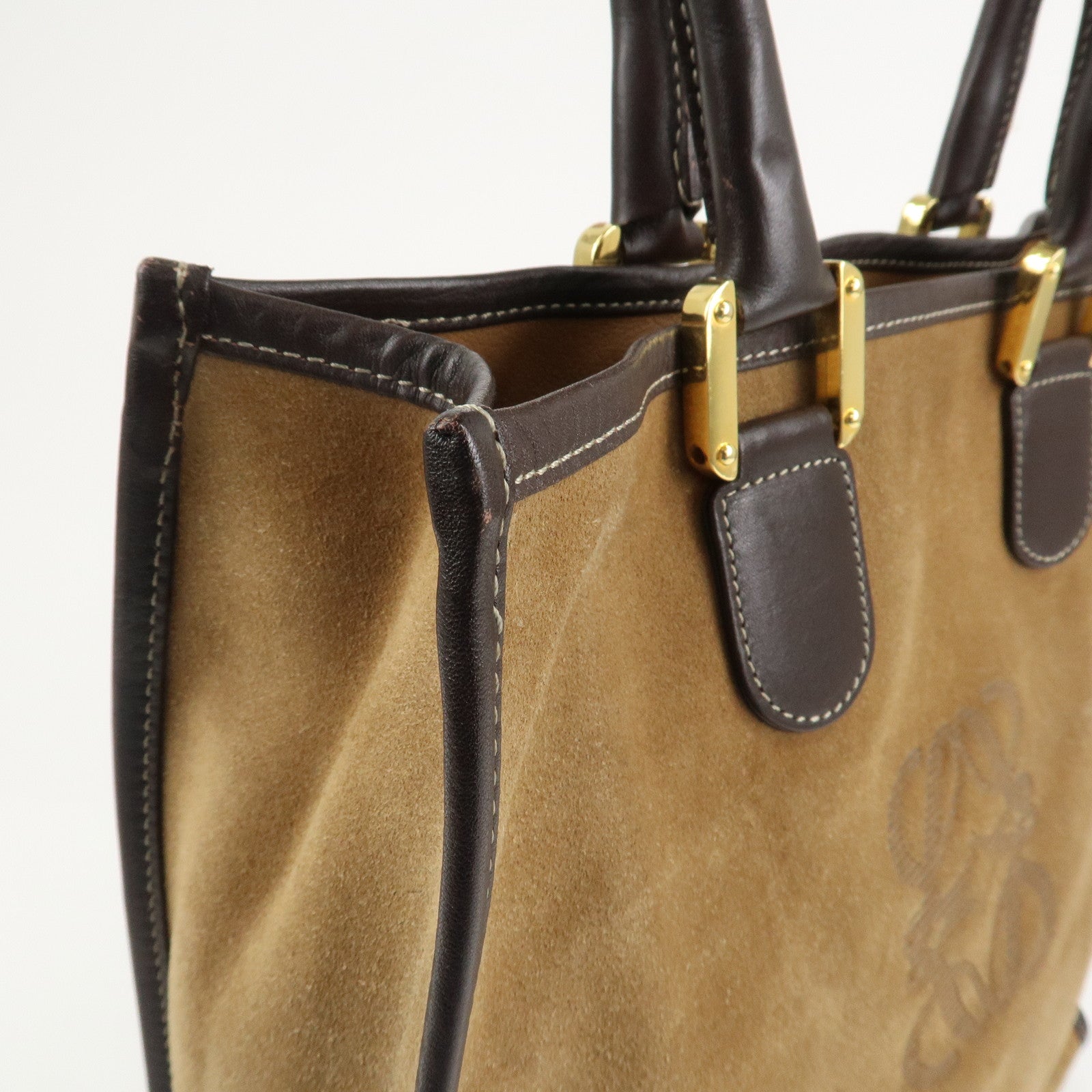 LOEWE Anagram Leather Suede Tote Bag Hand Bag Brown Beige