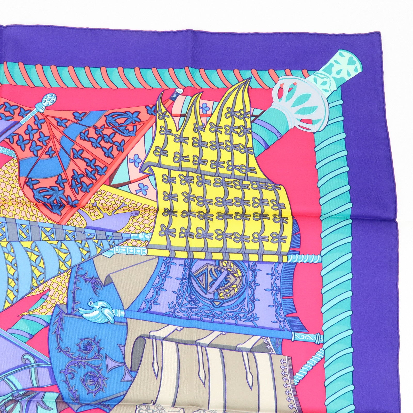 HERMES Carre 90 Silk 100% Etendards et Bonnieres Scarf Purple Blue