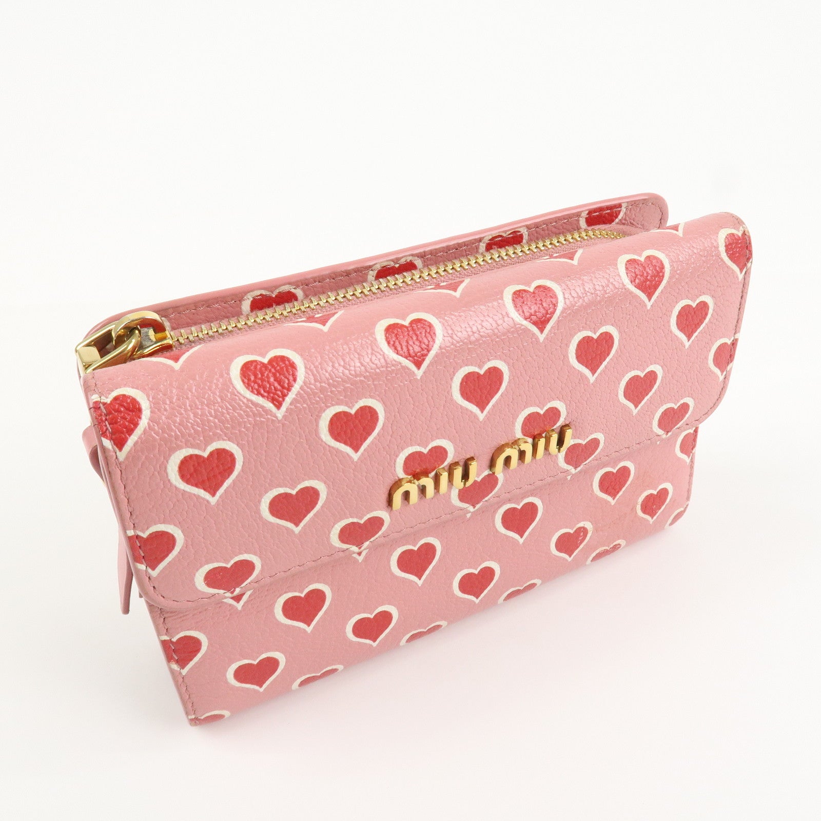MIU MIU Leather Heart Bi-fold Wallet Pink Red 5ML014 Used