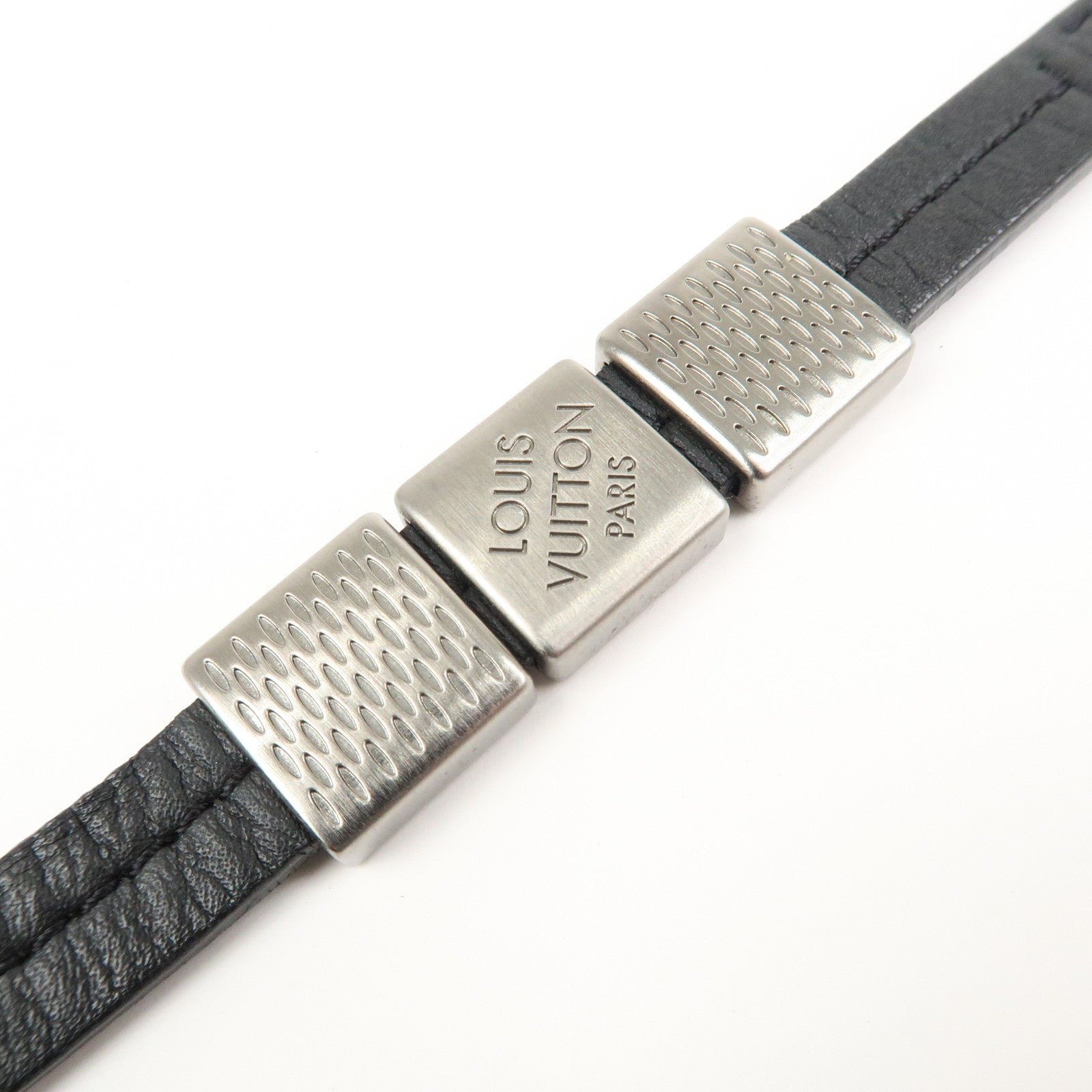 Louis Vuitton Leather Bracelet Black Silver M6205