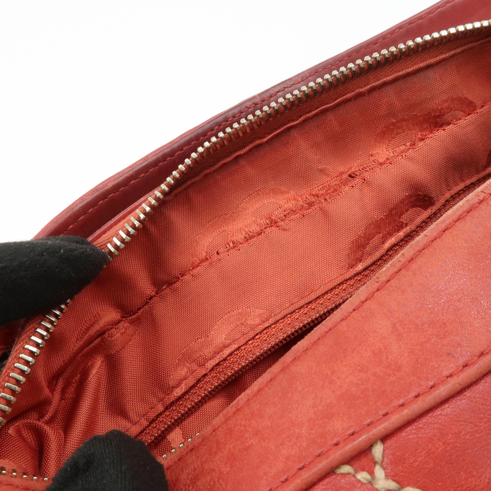 CHANEL COCO Mark Wild Stitch Lamb Skin Leather Hand Bag Red