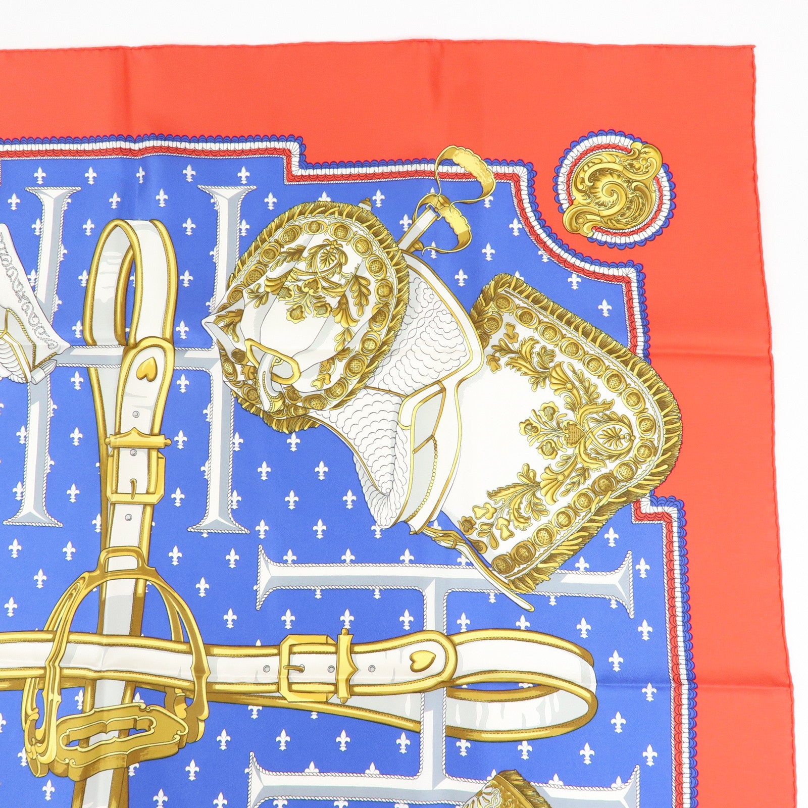 HERMES Carre 90 Silk 100% Scarf SELLES A HOUSSE Blue White Gold Red