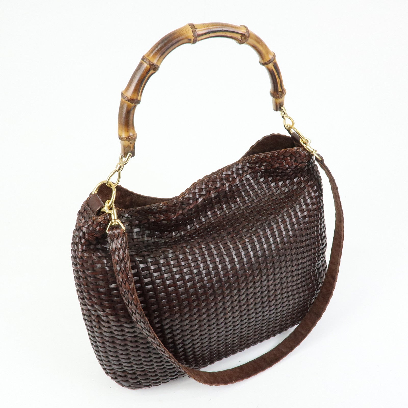 GUCCI Bamboo Leather 2Way Bag Hand Bag Shoulder Bag Brown 001.2404