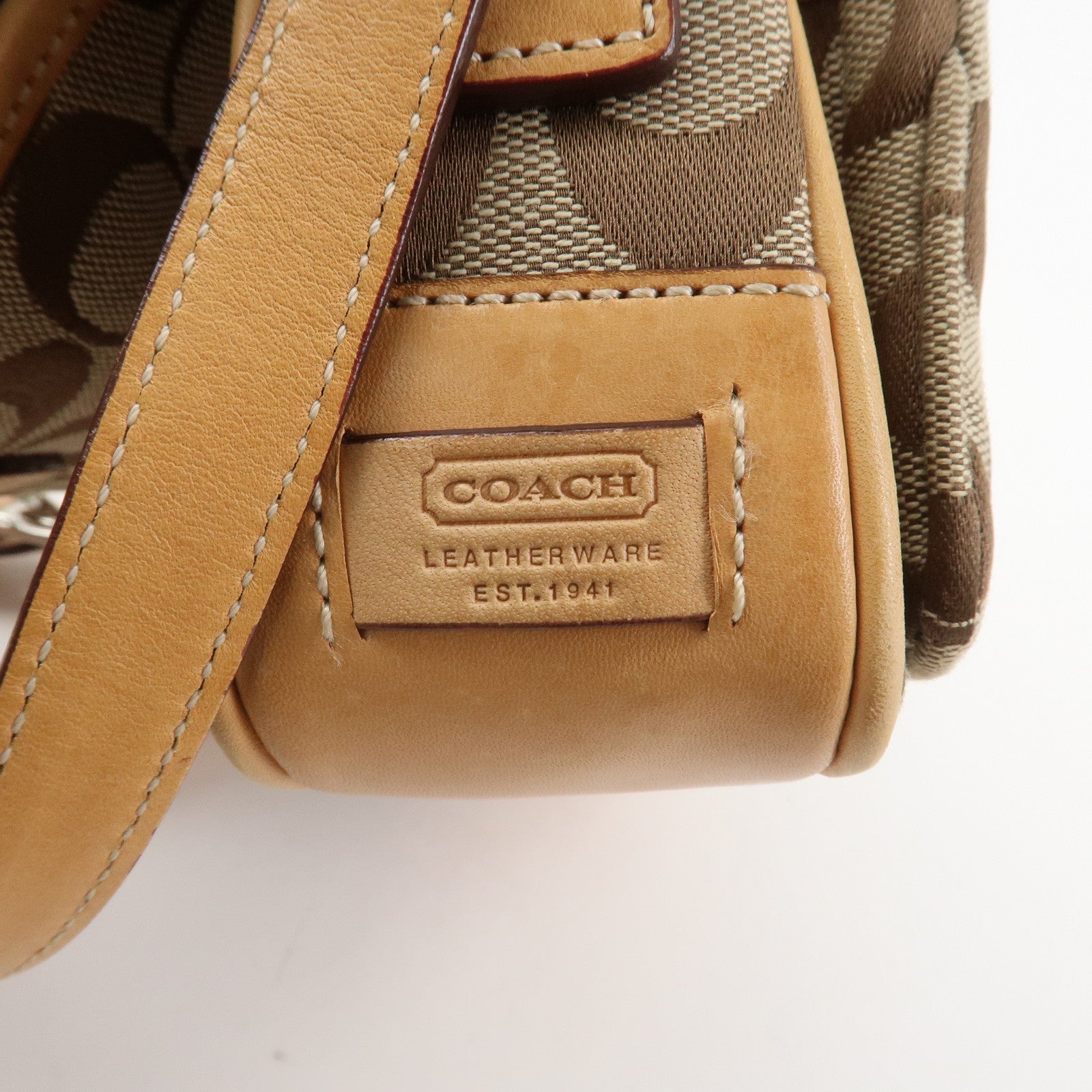 COACH Signature Canvas Leather Shoulder Bag Beige Light Brown