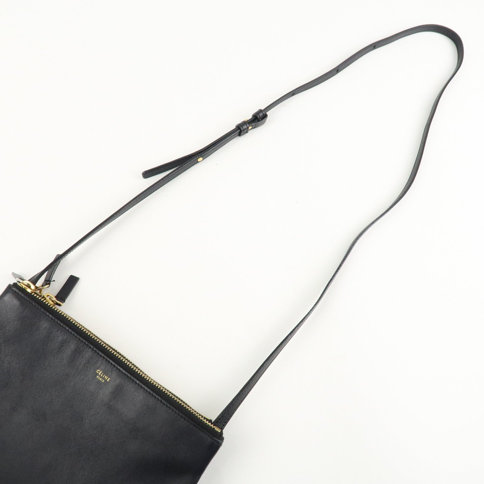 CELINE Trio Leather Shoulder Bag Black Gold Hardware Used