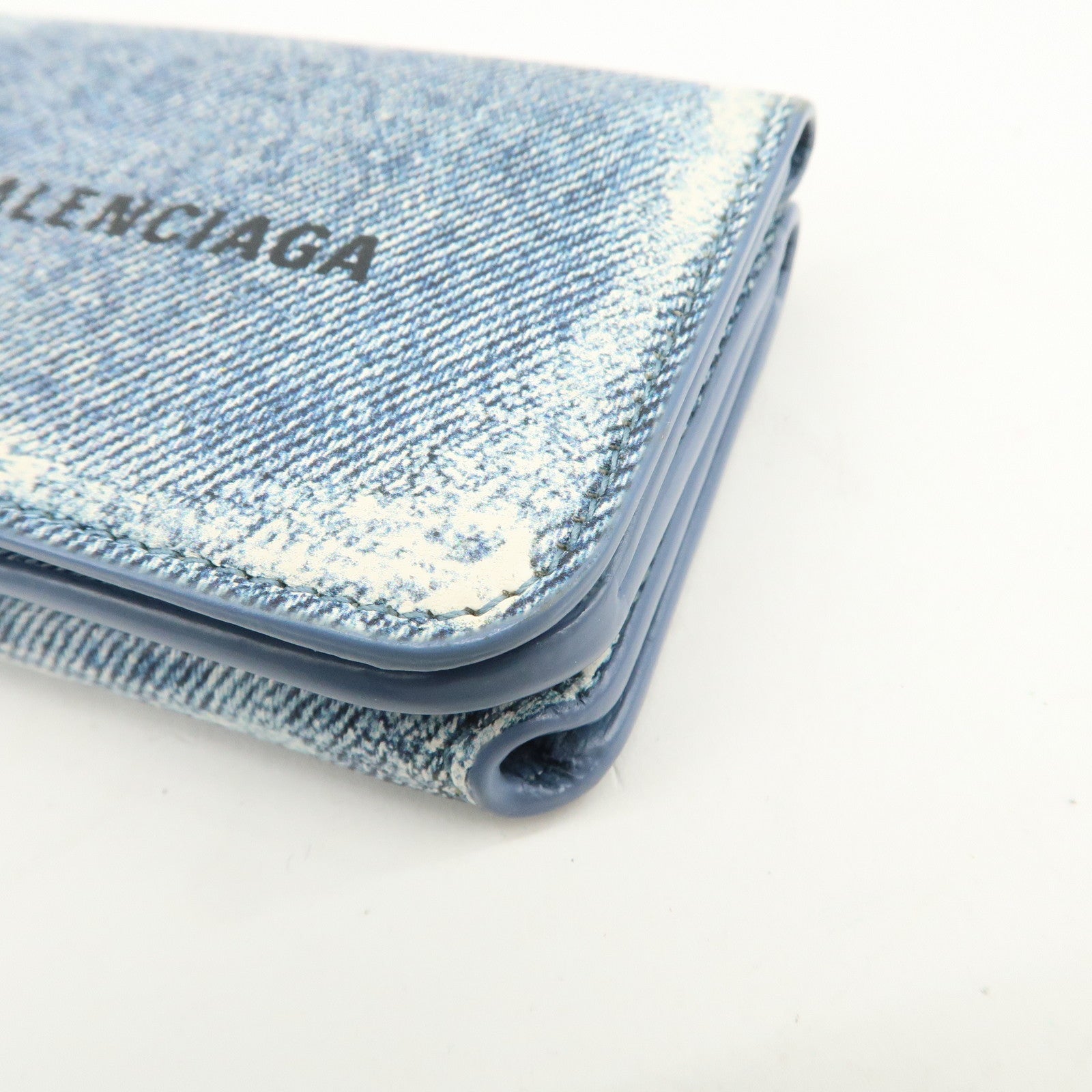 BALENCIAGA Denim Leather CASH Mini Tri-fold Compact Wallet 593813