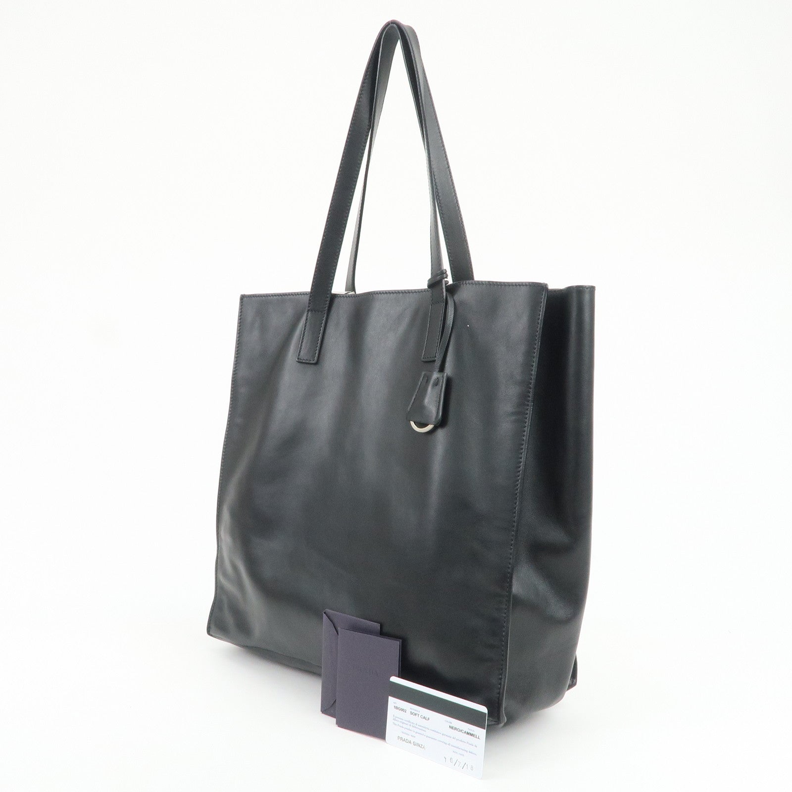 PRADA Triangle Logo Leather Tote Bag Hand Bag Black 1BG002