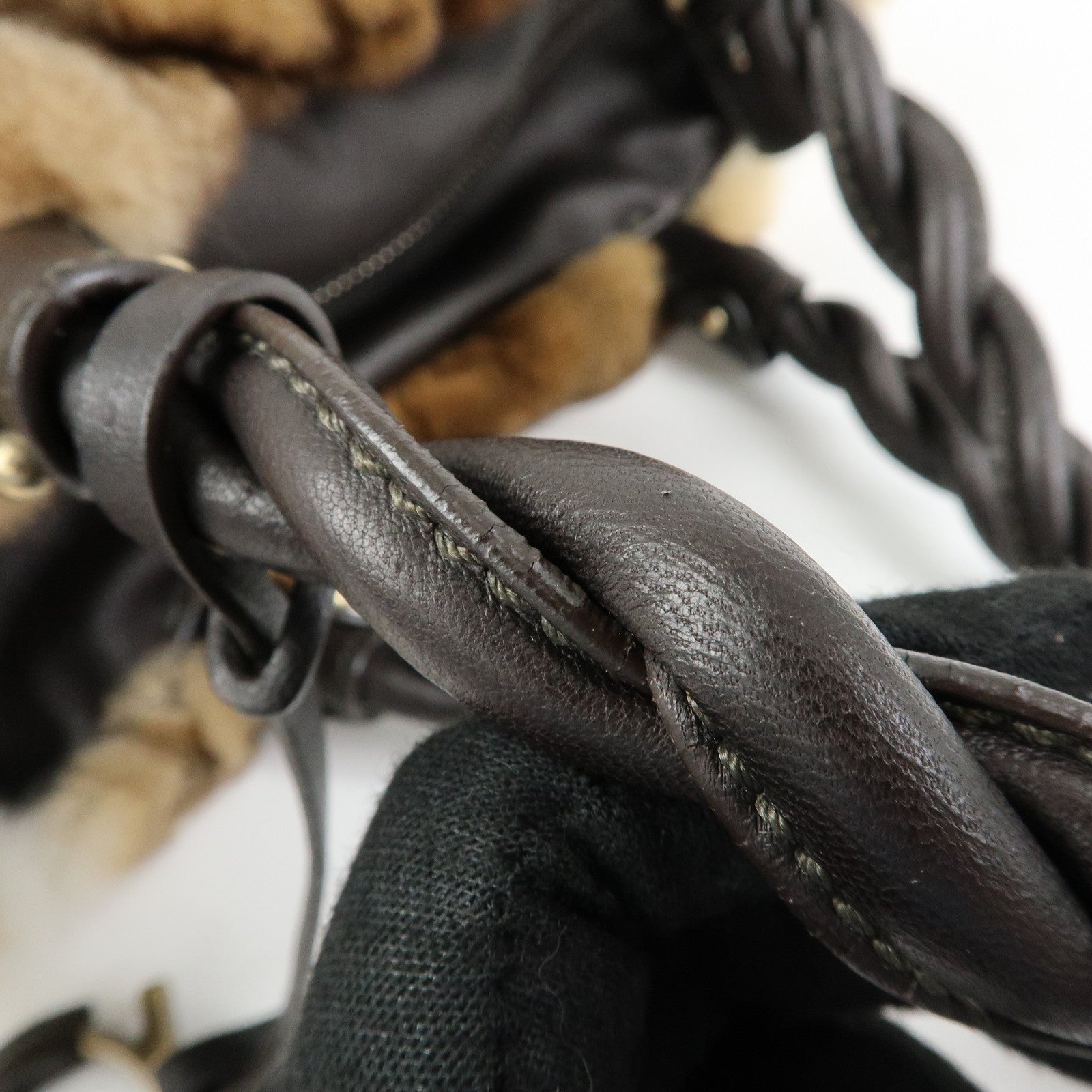 Ferragamo Gancini Rabbit Fur Leather Hand Bag Tote Bag Brown