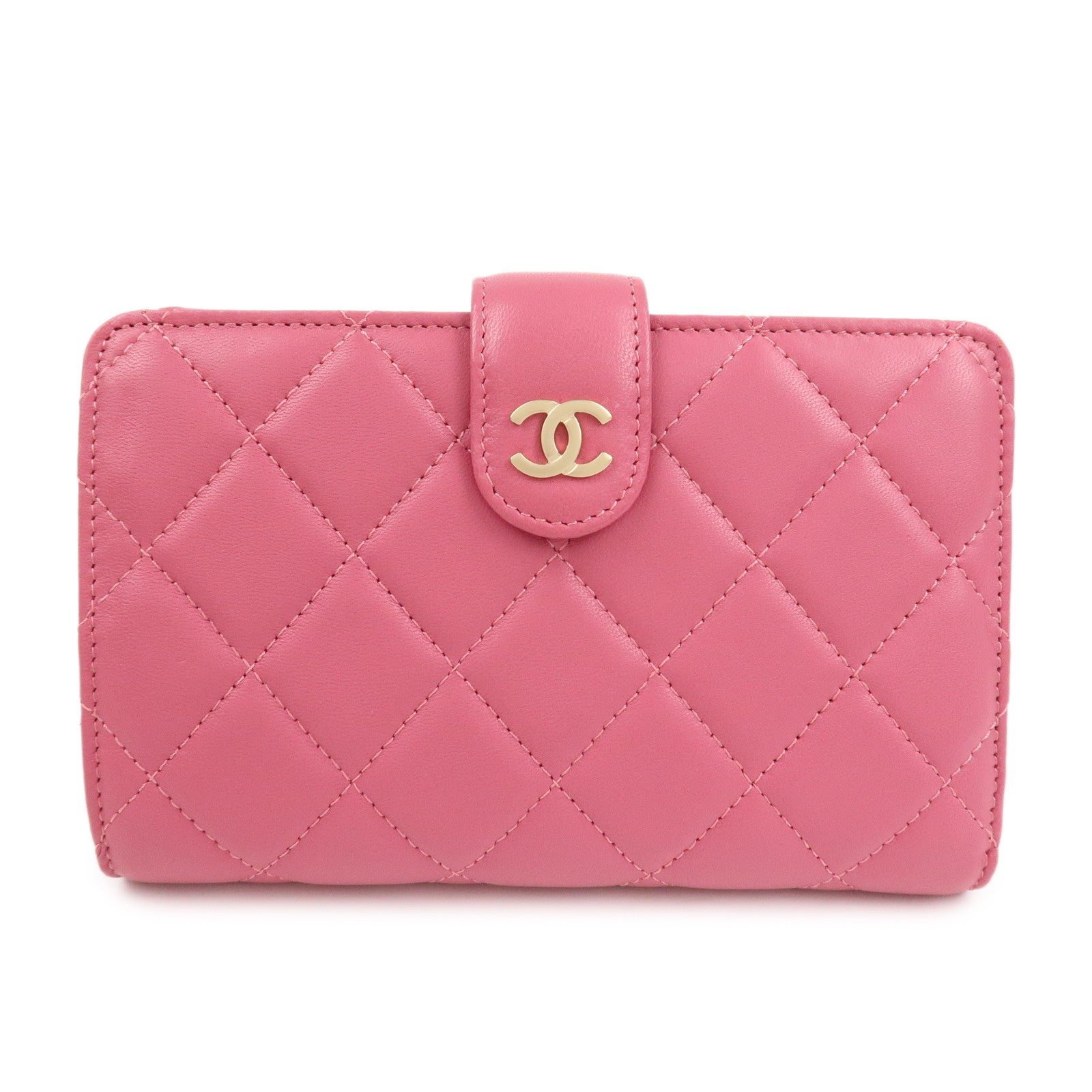 CHANEL Matelasse Lamb Skin Bi-fold Wallet Purse Pink