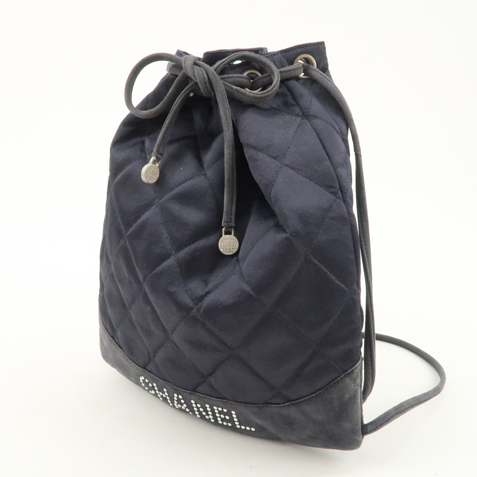 CHANEL Matelasse Satin Suede Drawstring Back Pack Black Used