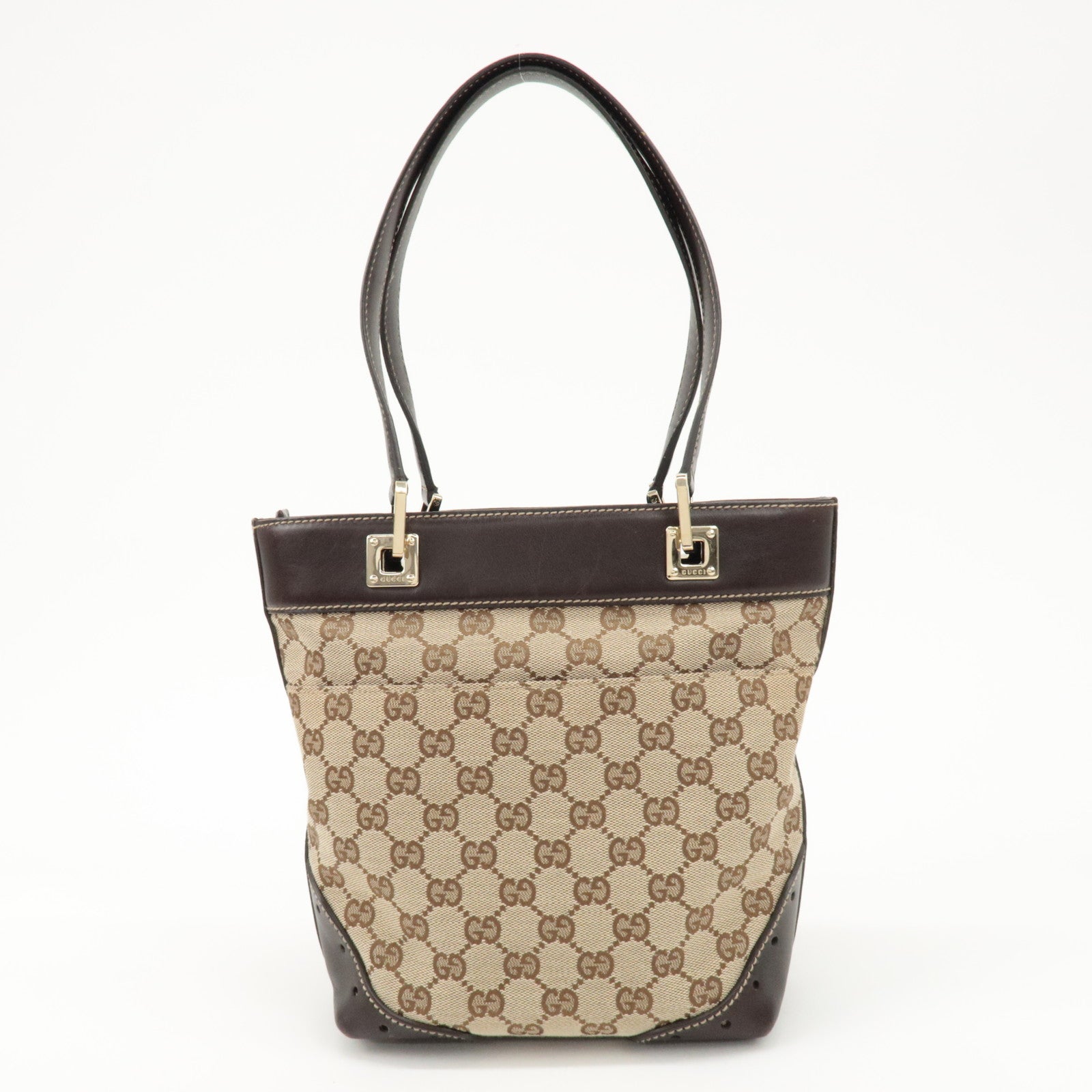 GUCCI GG Canvas Leather Tote Bag Hand Bag Beige Dark Brown 145994 Used