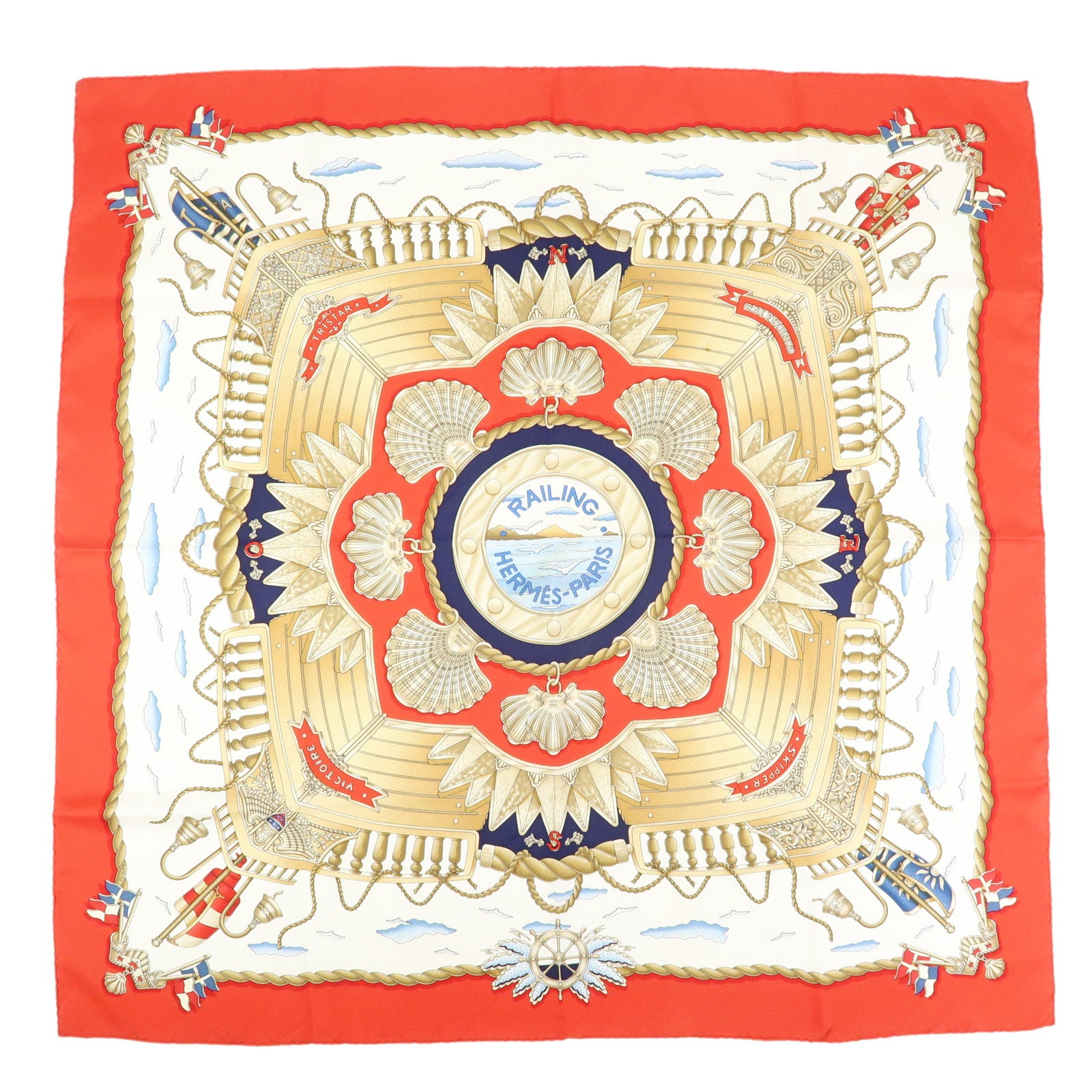 HERMES Carre 90 Silk 100% Scarf RAILING Red Brown