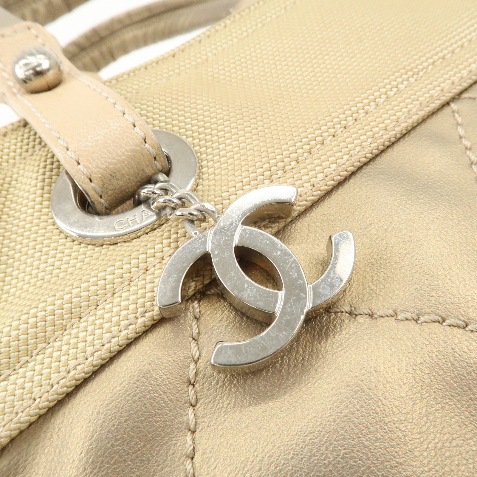 CHANEL Paris Biarritz PVC Canvas Leather Tote Bag PM A34208 Used