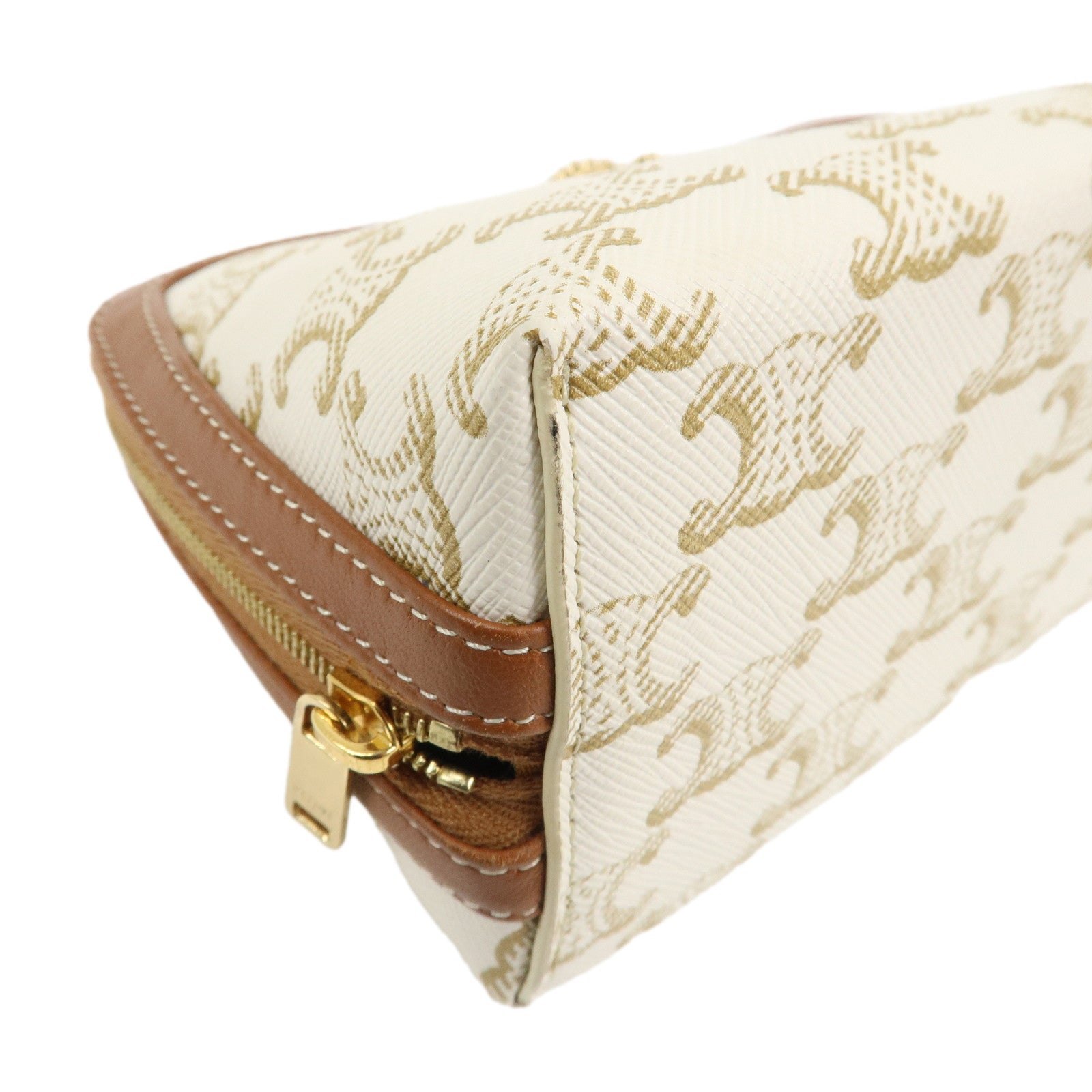 CELINE Triomphe Canvas Lamb Skin Chain Shoulder Bag Ivory Brown