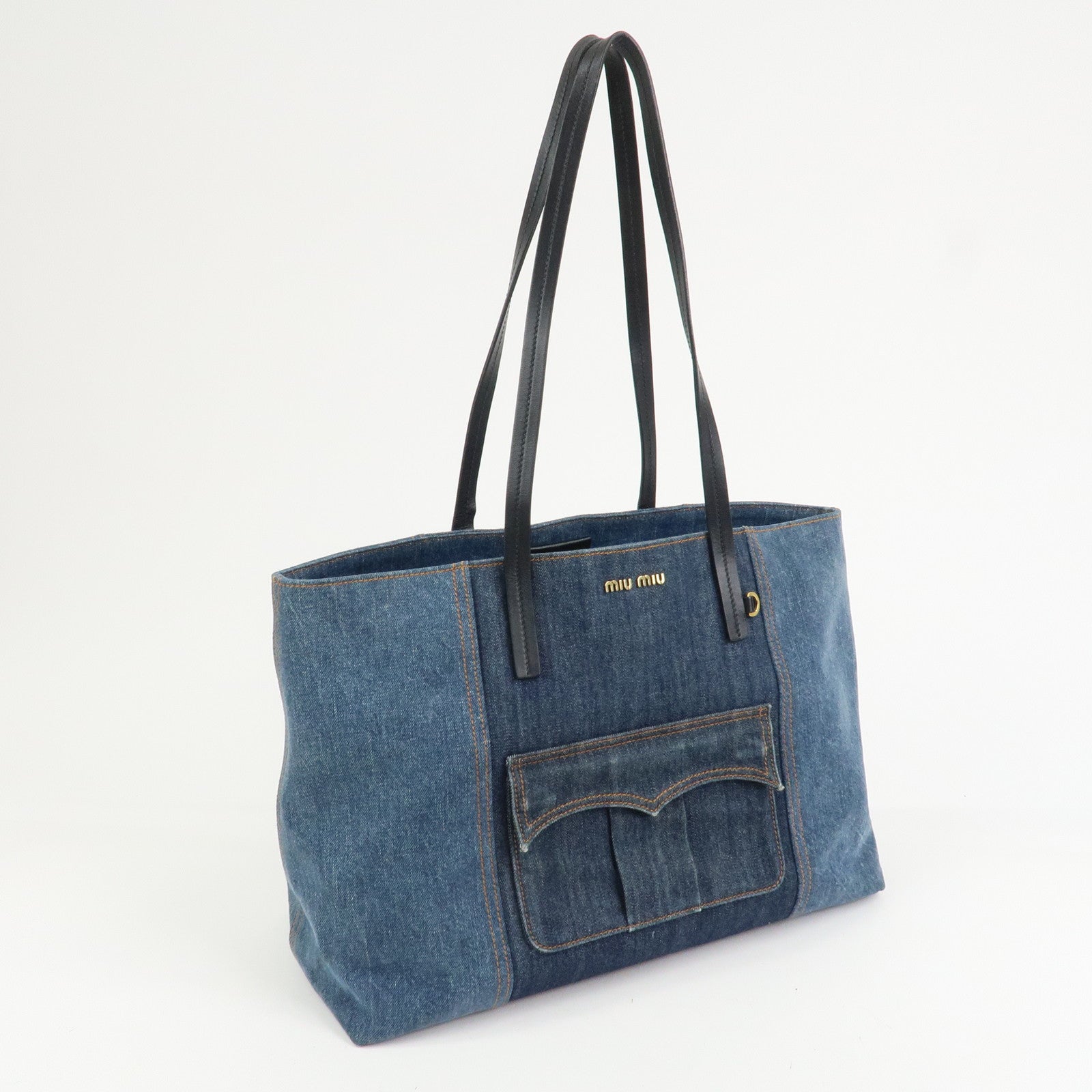 MIU MIU Denim Leather Tote Bag Shoulder Bag Navy 5BG024